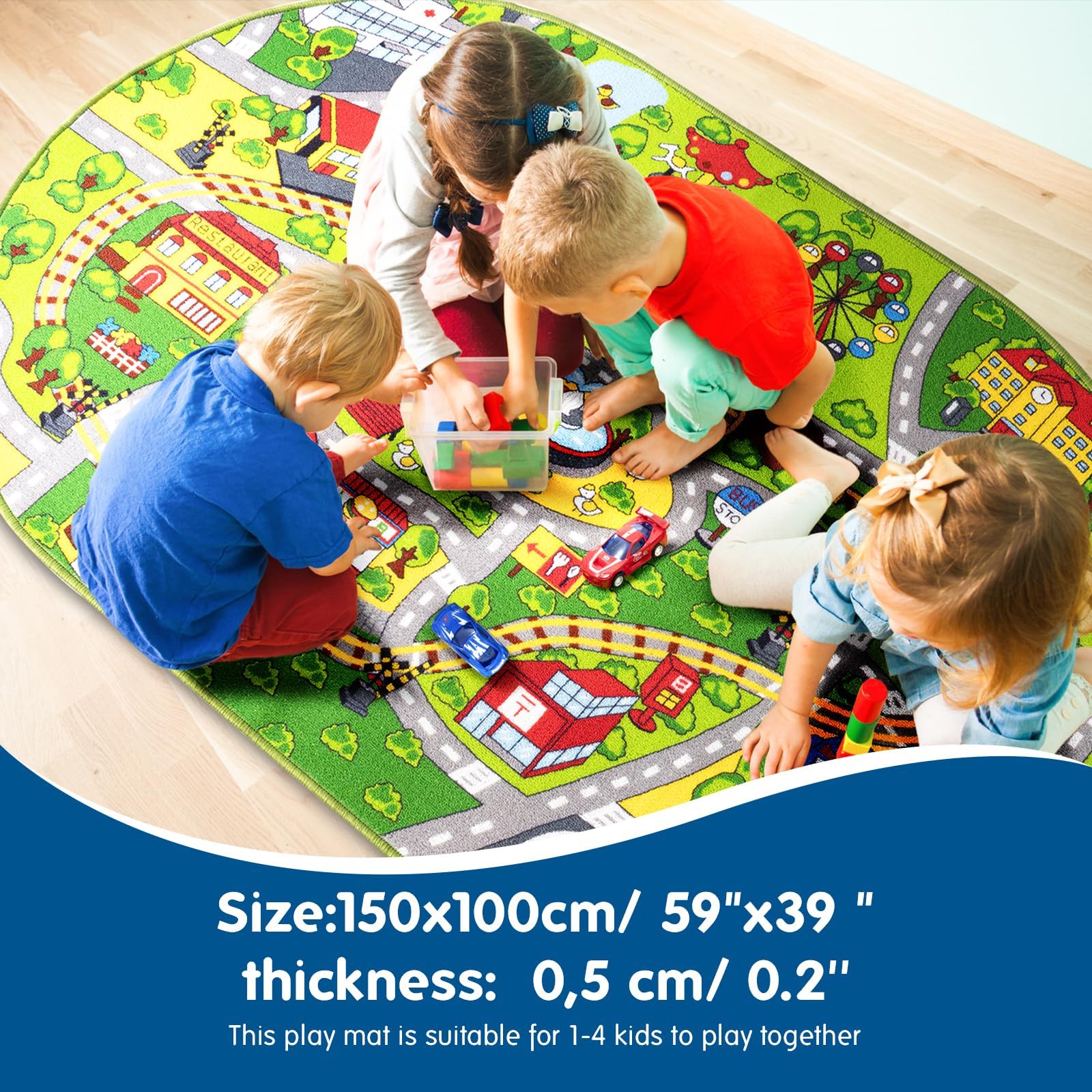 Booooom Jackson Kids Car Mat Train Rug, Green Oval Play Mat, 59 x 39 inches