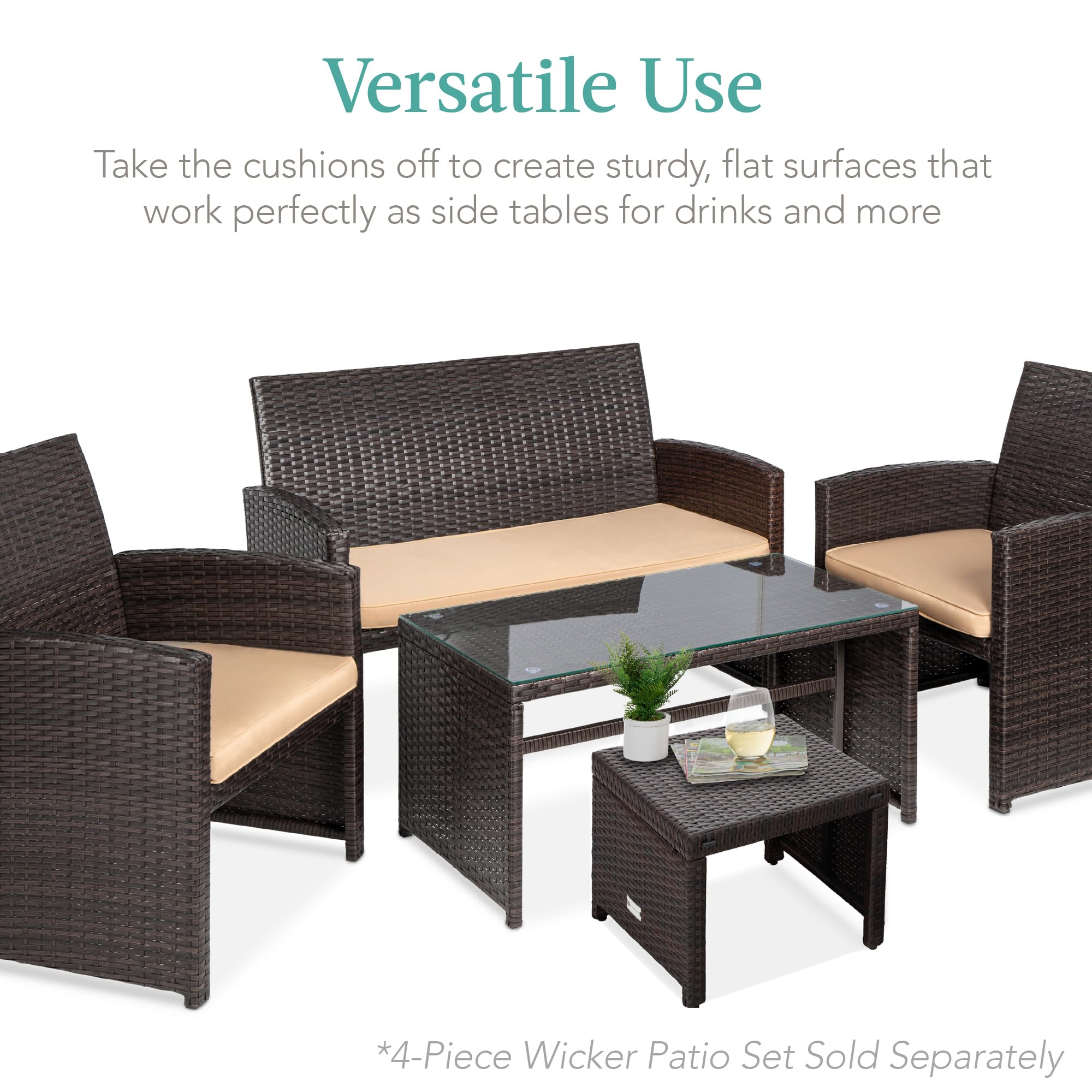Best Choice Products Set Of 2 Wicker Ottomans, Multipurpose Outdoor Furniture For Patio, Backyard, Additional Seating, Footrest, Side Table W/Removable Cushions, Steel Frame - Brown/Tan