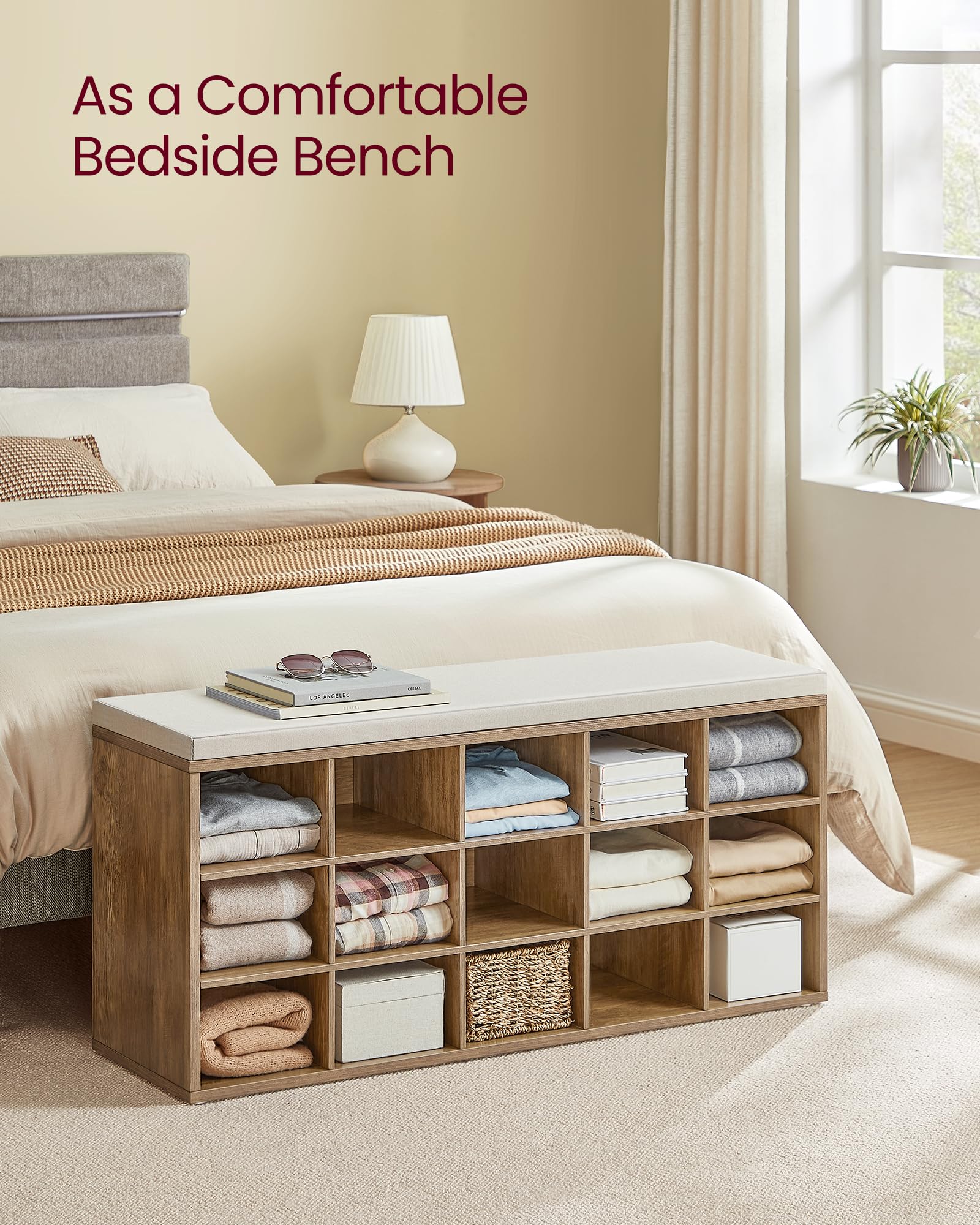 Vasagle Shoe Bench With Cushion, Storage Bench With Padded Seat, Entryway Bench With 15 Compartments, For Bedroom, 11.8 X 41.3 X 18.9 Inches, Honey Brown And Cappuccino Beige Ulhs015K02