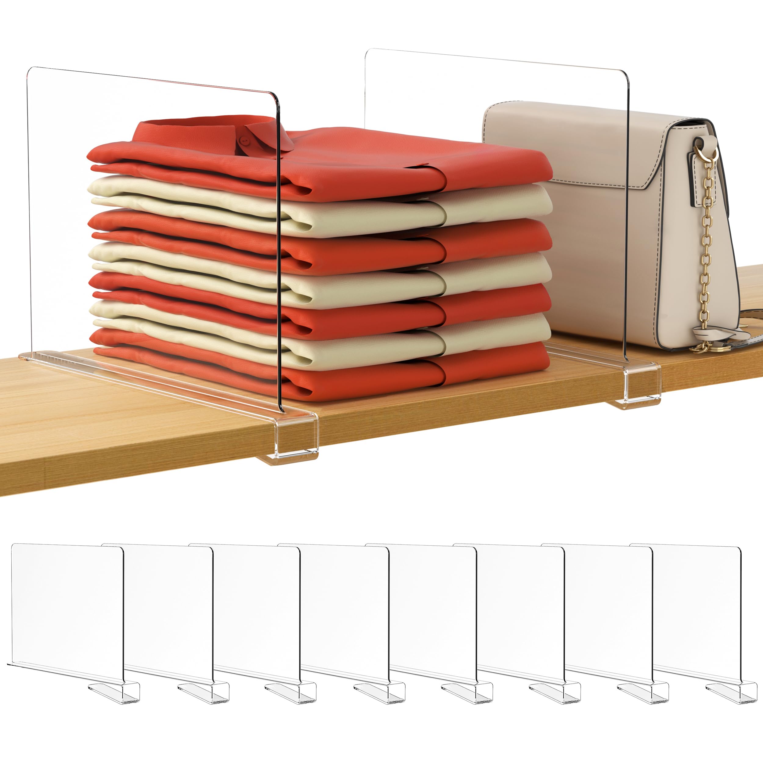 Hblife 8 Pack Clear Shelf Dividers, Vertical Purse Organizer For Closet Perfect For Sweater, Shirts, Handbags In Bedroom And Kitchen, Adjustable Acrylic Bookshelf For Organization
