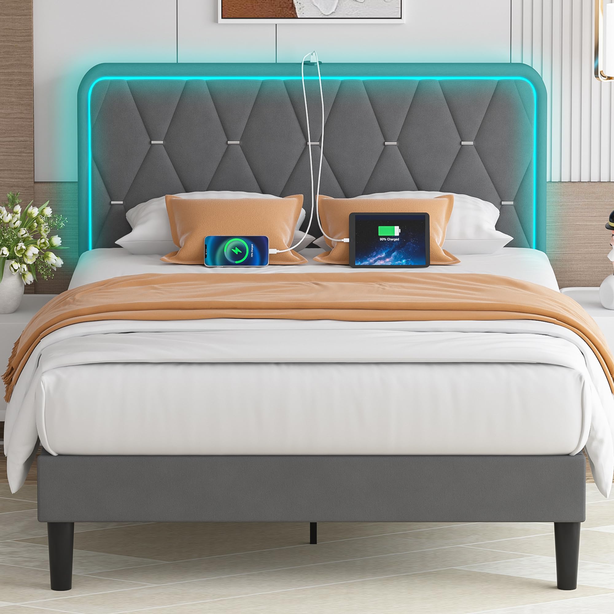 VECELO Upholstered Full Bed Frame with Headboard Adjustable, Velvet Platform Bed with LED Lights, Charging Station, Mattress Fou