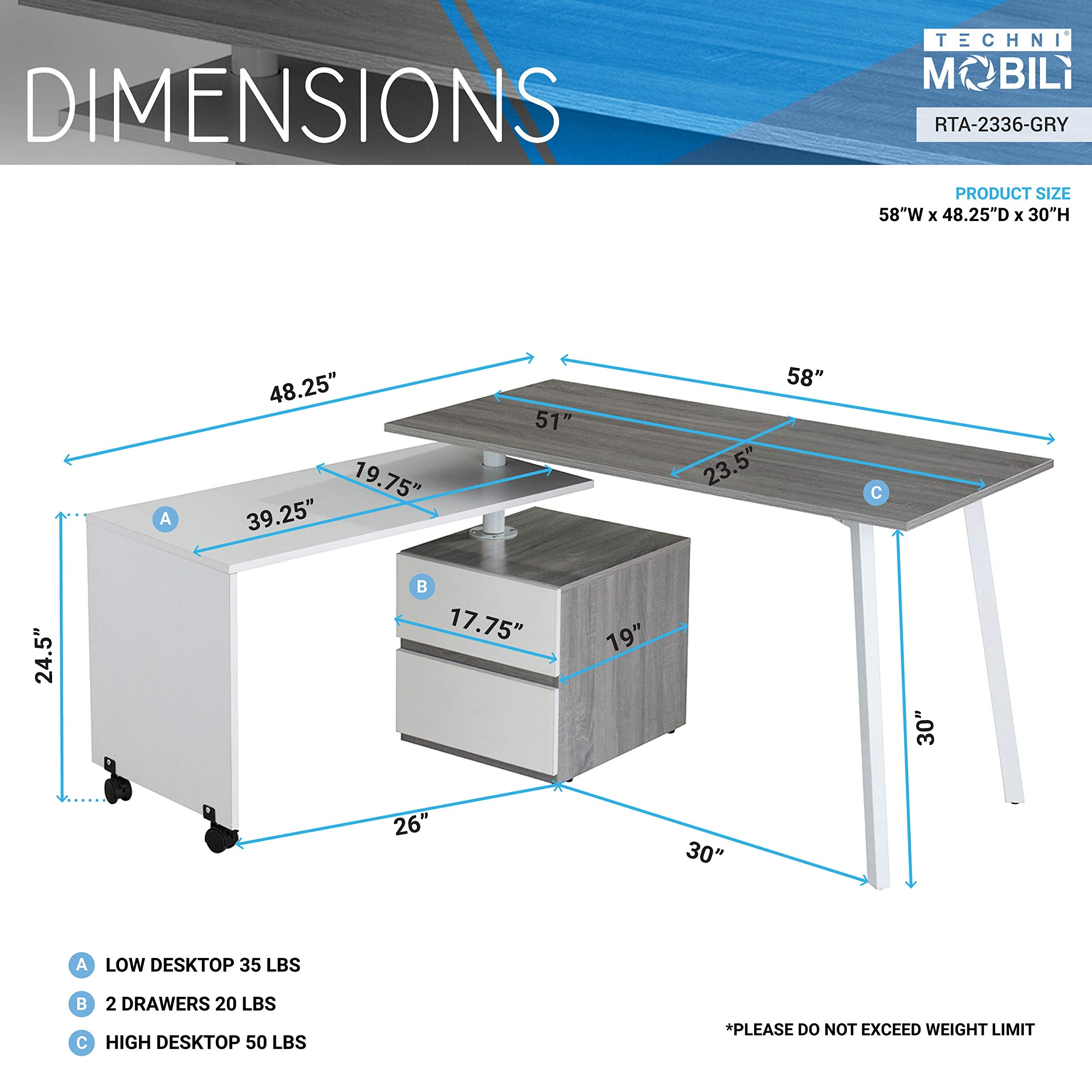 Adjustable L-Shaped Computer Desk With Rolling Tabletop For Multiple Configurations, Two-Drawer Cabinet, And Sturdy Steel Legs – Space-Saving, Ergonomic Design For Home Office Or Workspace, Grey