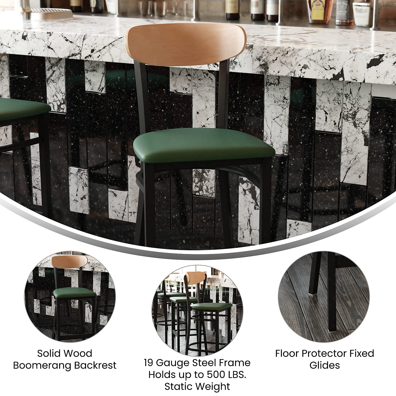 Flash Furniture Wright Commercial Barstool - Natural Birch Finish Wood Boomerang Back - Green Vinyl Seat - 500 LB. Capacity Black Steel Frame - Integrated Footrest