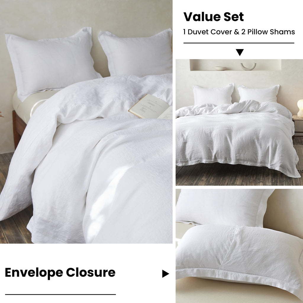 Simple&Opulence 100% Linen Duvet Cover Set With Crossed Embroidery Washed - 3 Pieces (1 Duvet Cover With 2 Pillow Shams) Soft Breathable Farmhouse - White, Queen Size