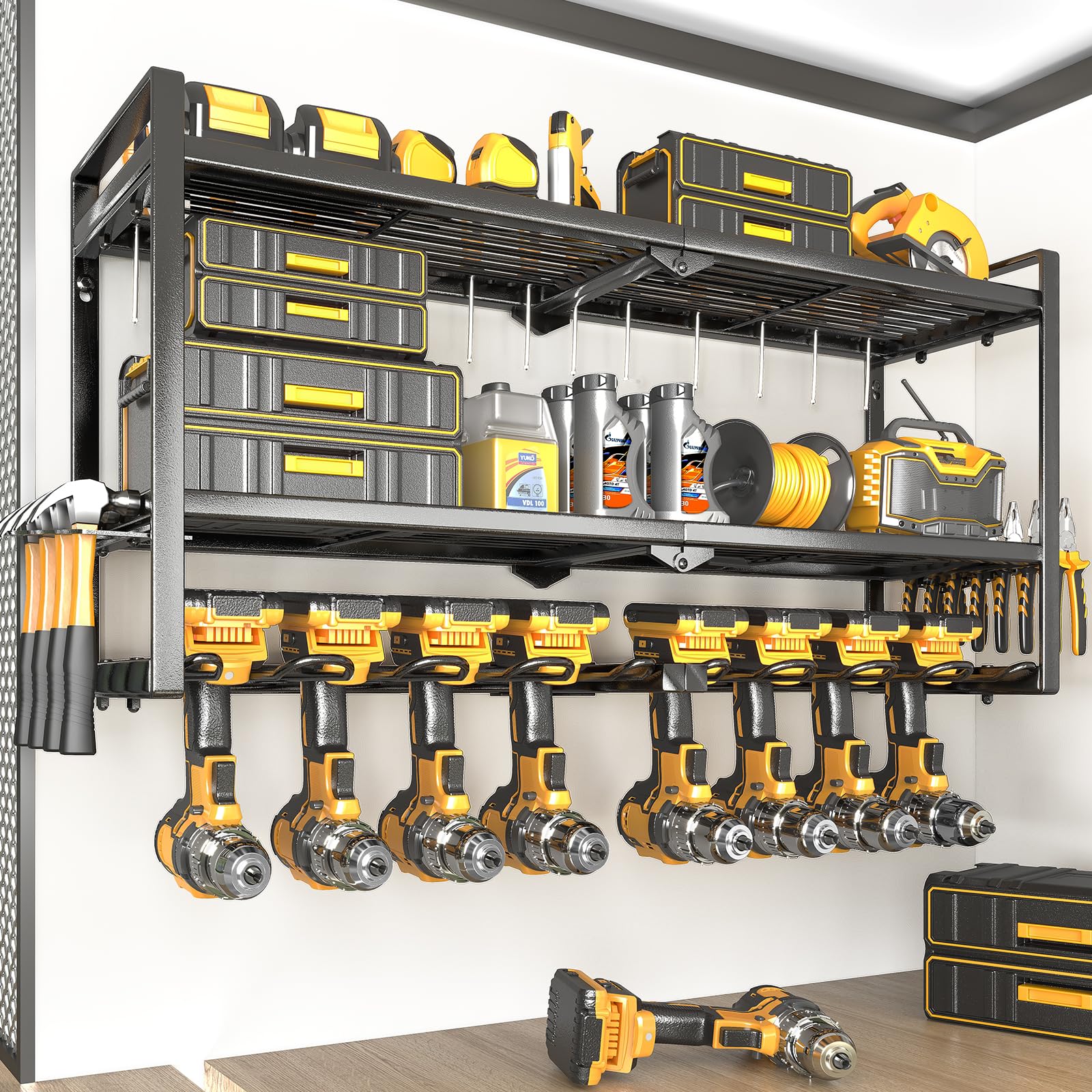 Soyeeze Power Tool Organizer,8 Drill Holder Wall Mount,3 Layer Power Tool Storage Rack,Garage Utility Tool Rack & Hanger With Sc