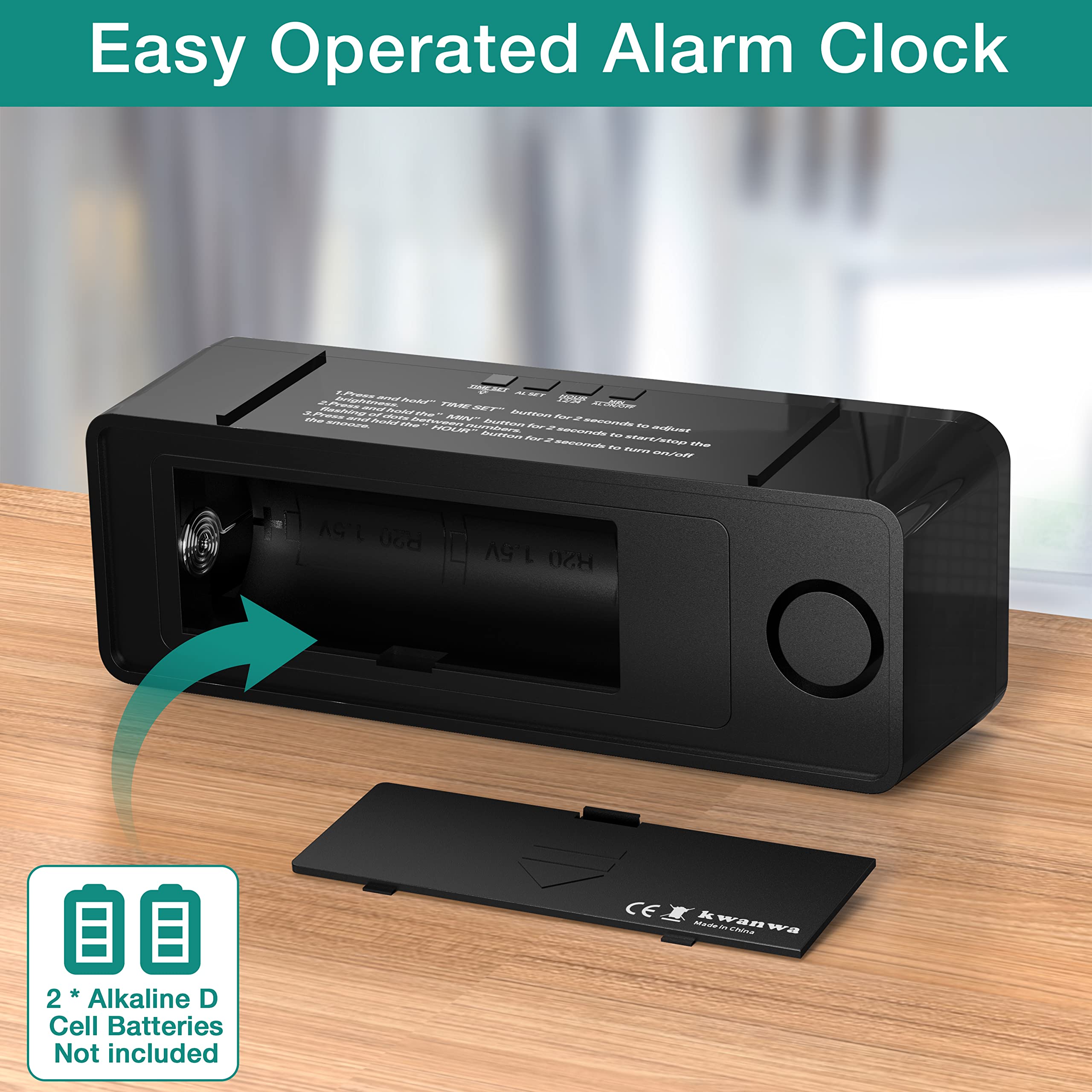 Kwanwa Alarm Clock, Large Display 1.8'' Led Numbers, Adjustable Led Brightness, Battery Operated, 12/24Hr, Snooze, Clearly Visib