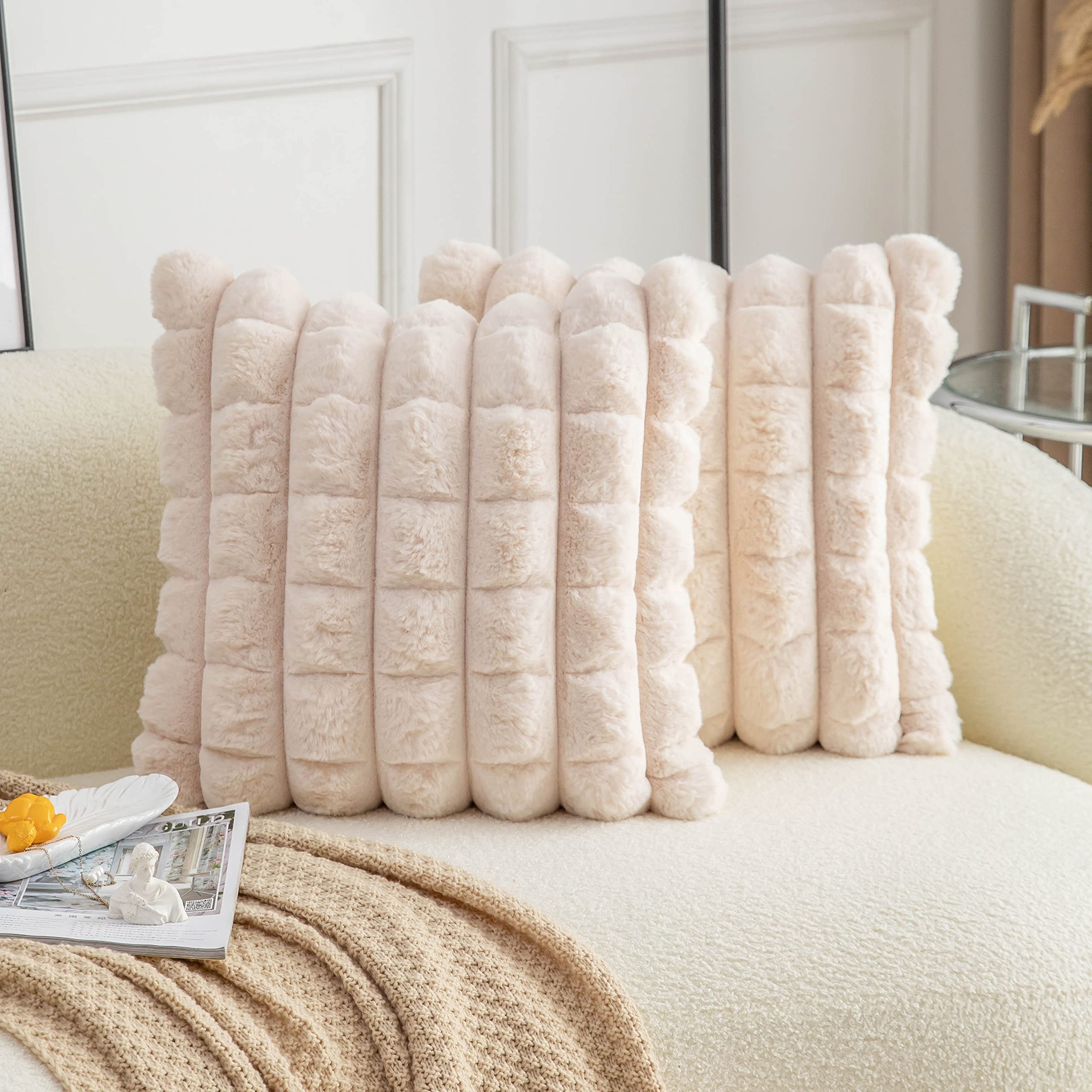 Neelvin Beige Faux Fur Cozy Soft Plaid Decorative Throw Pillow Covers 20X20 Inch Set Of 2,Velvet Pillowcase Cushion Case For Sof