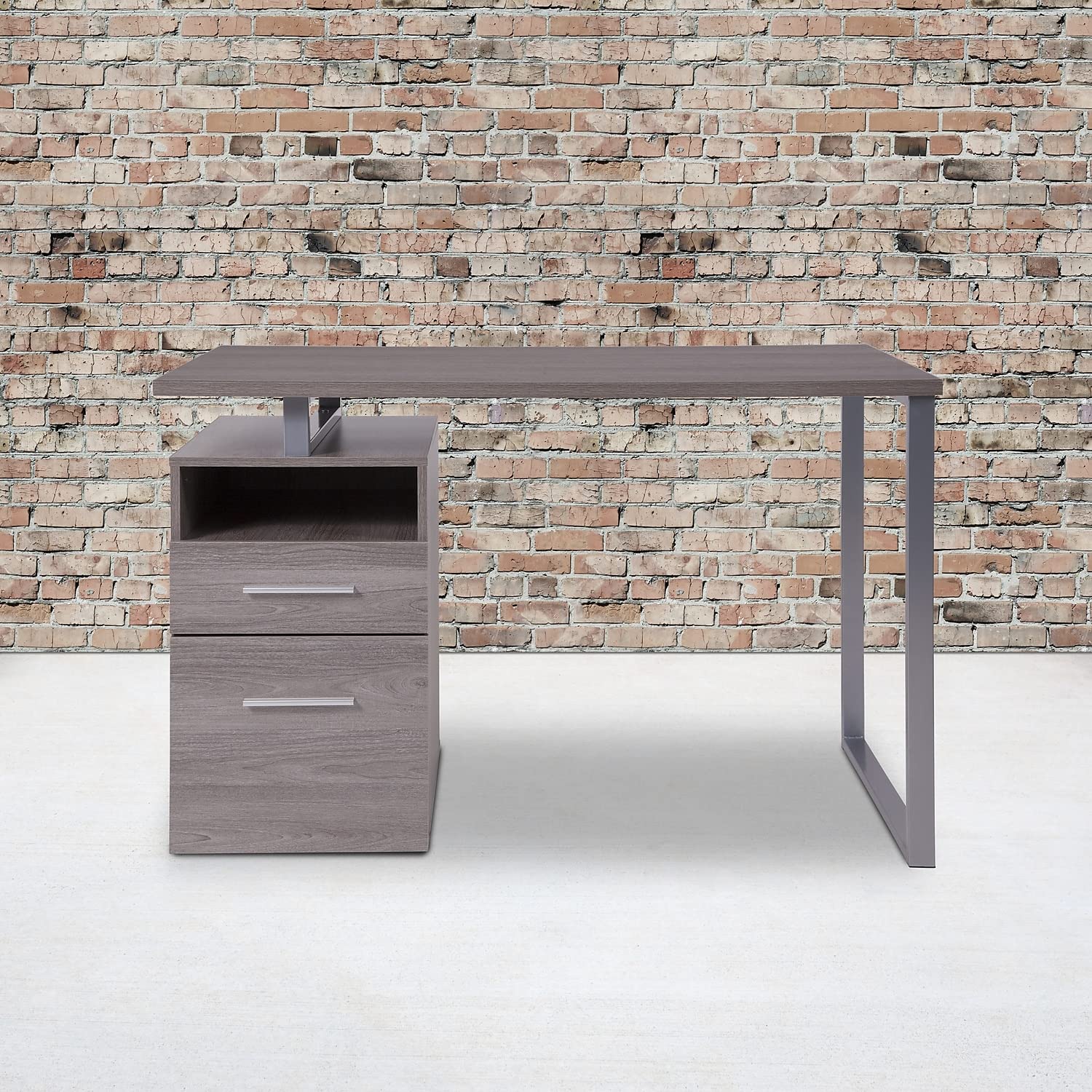 Flash Furniture Harwood Light Ash Wood Grain Finish Computer Desk With Two Drawers And Silver Metal Frame