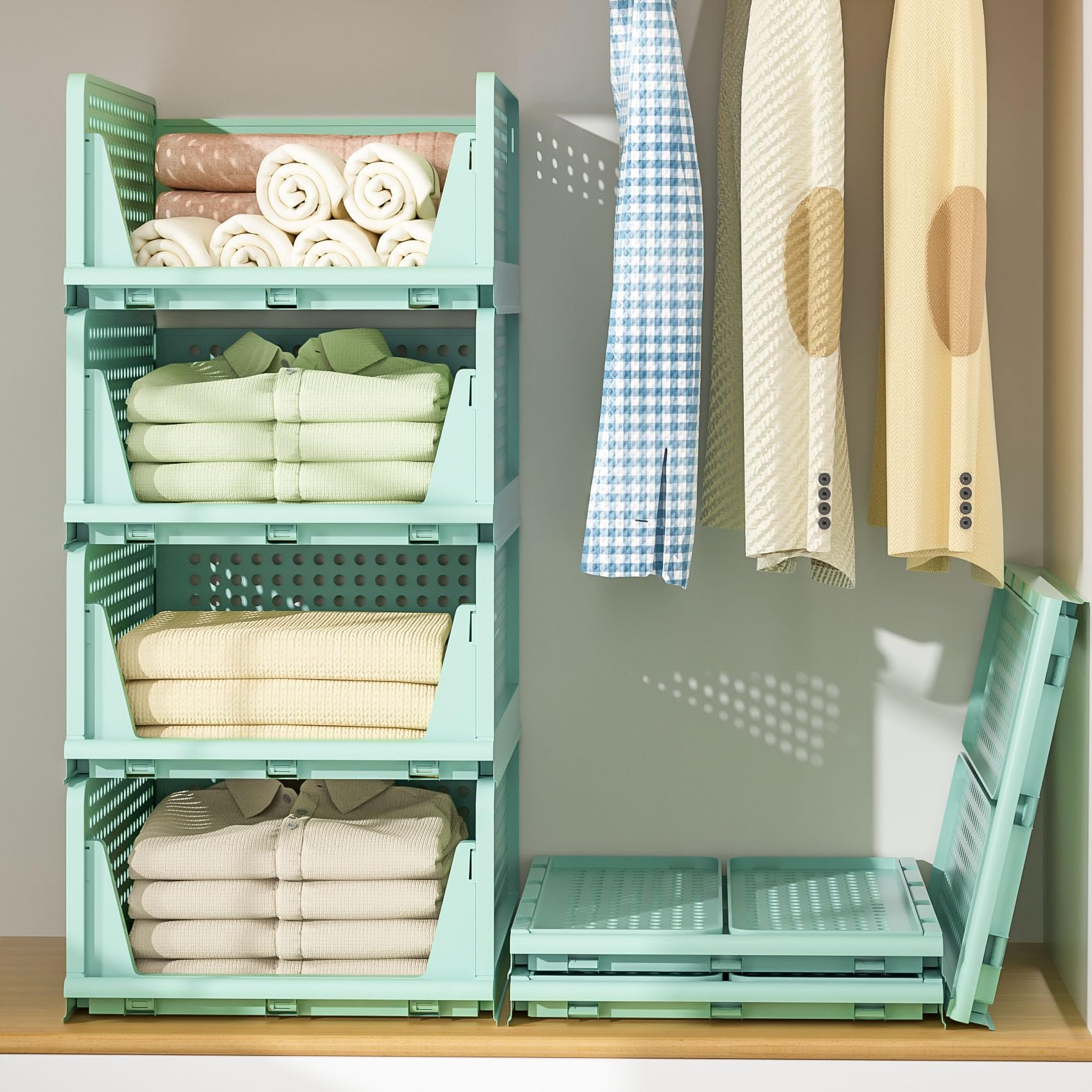 Neprock Closet Organizer, 4 Pack Stackable Storage Bins For Closet Shelves, Plastic Storage Drawers Basket Weekly Clothes Organizer For Kids(4L)(Green)