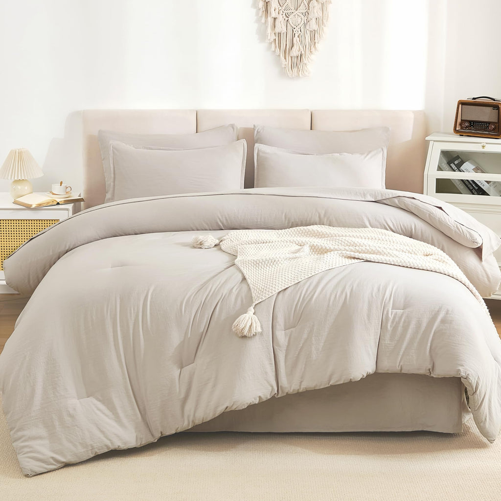 Litanika California King Comforter Set Linen - 7 Pieces Bed In A Bag Cal King Beddding Comforter Sets, Plain Lightweight Bed Set