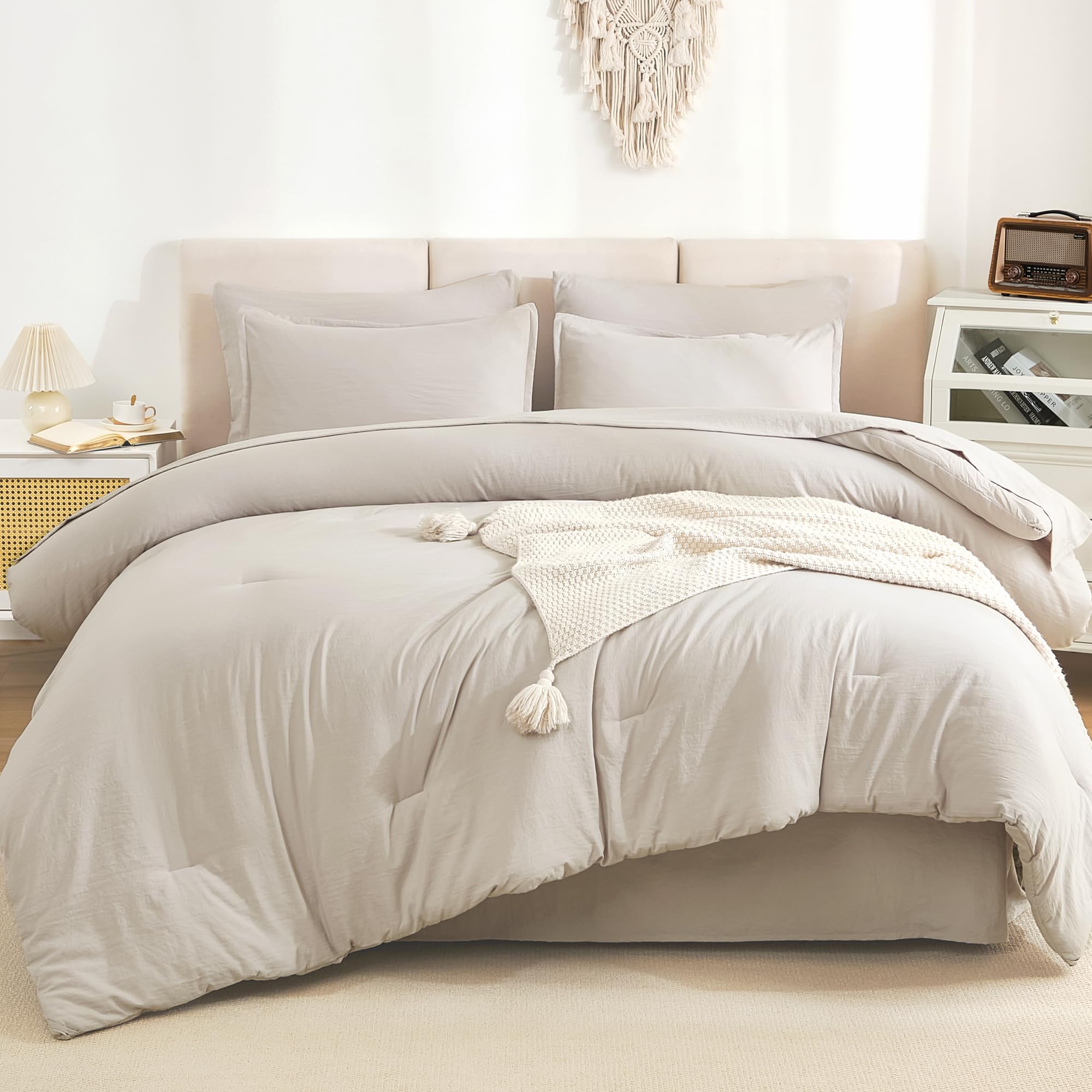 Litanika California King Comforter Set Linen - 7 Pieces Bed In A Bag Cal King Beddding Comforter Sets, Plain Lightweight Bed Set