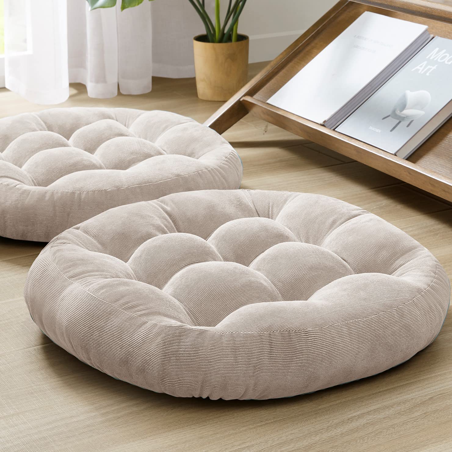 Floor Cushion Pillow Set Of 2, Round Large Pillows Seating For Adults, Tufted Corduroy Floor Cushions For Living Room Tatami, Na