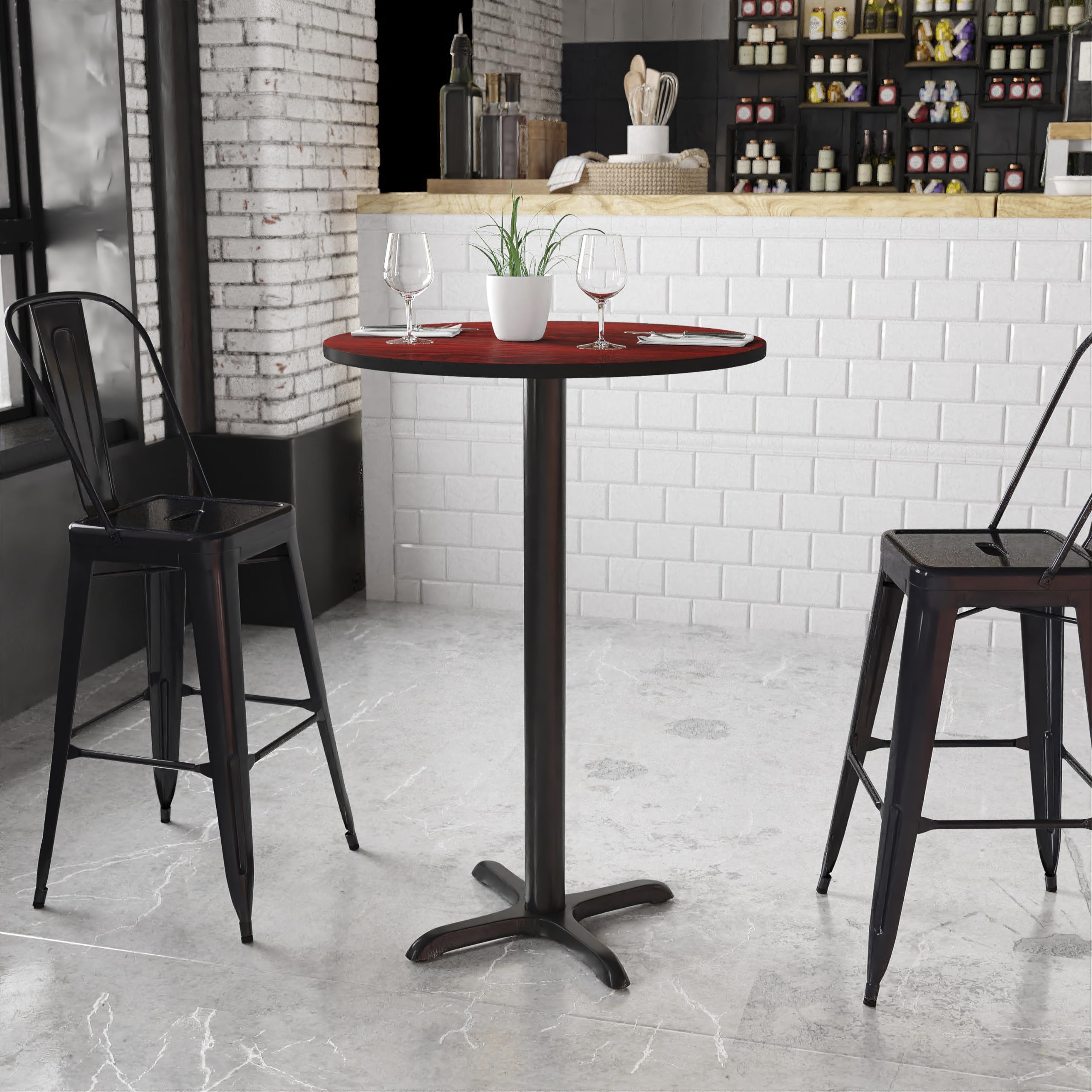 Flash Furniture 30'' Round Mahogany Laminate Table Top With 22'' X 22'' Bar Height Table Base