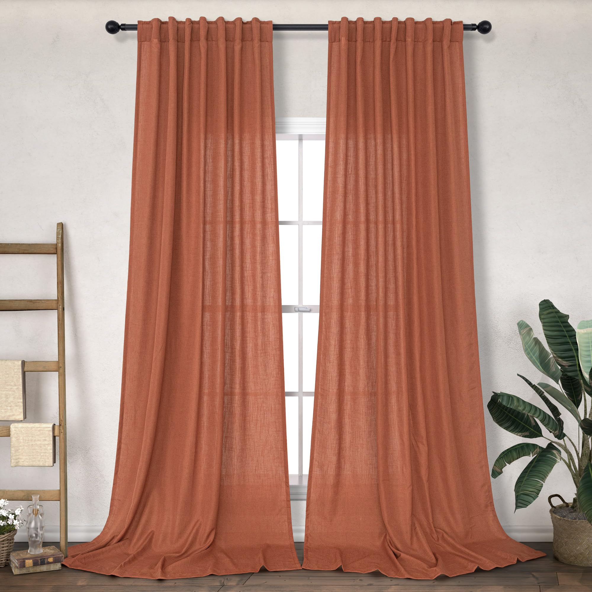 Rust Curtains 96 Inches Long For Living Room Dining 2 Panels Back Tab Loop Pocket Light Filter Semi Privacy Sheer Linen Terracot