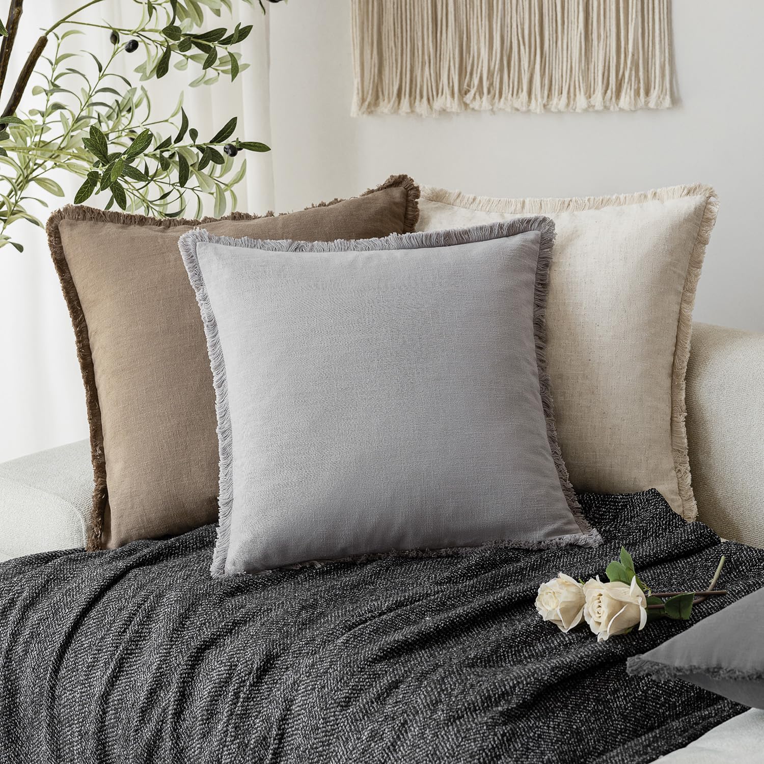 Foindtower Decorative Linen Fringe Throw Pillow Covers Cozy Boho Farmhouse Cushion Cover With Tassels Accent Pillowcase For Chai