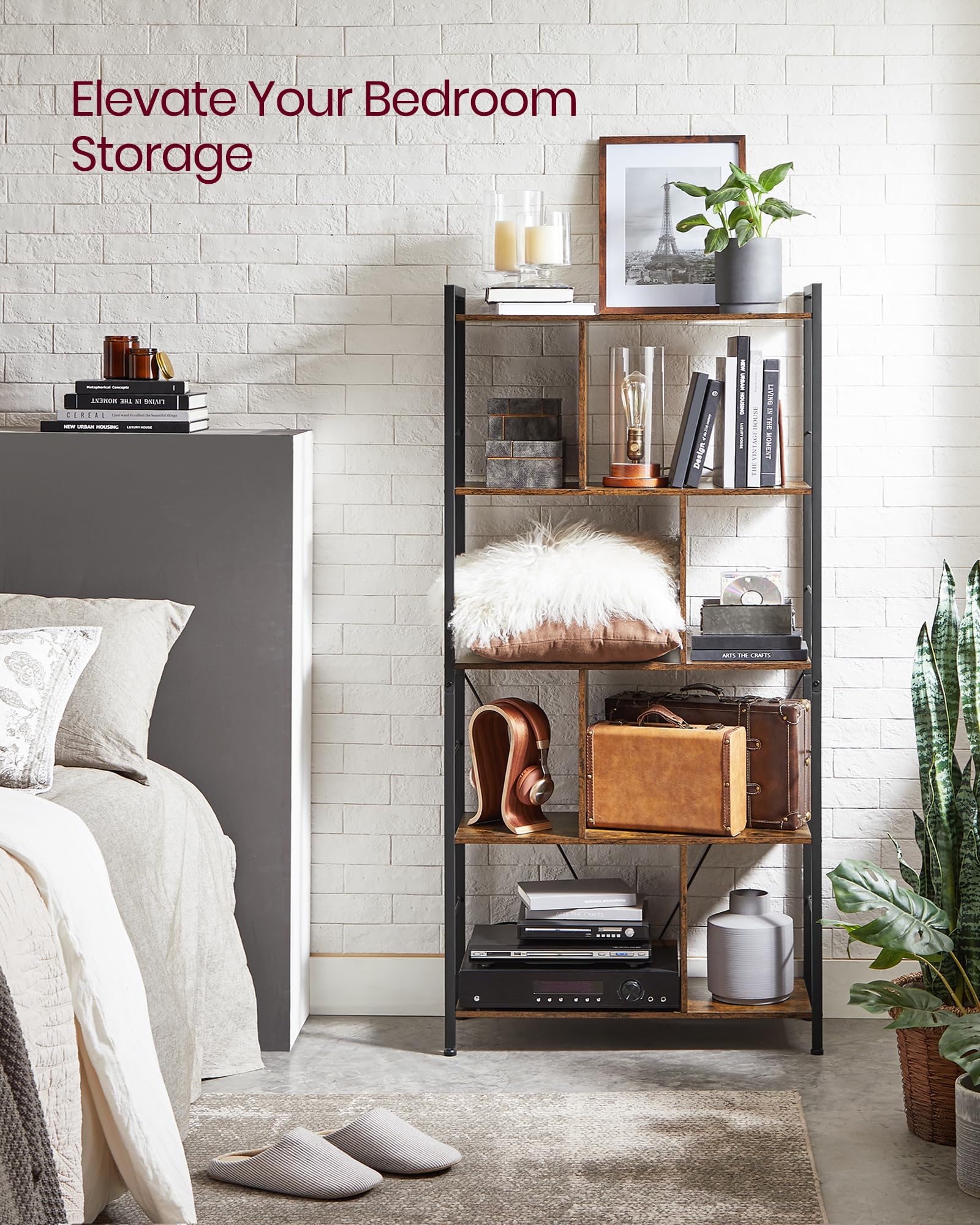 Vasagle Bookshelf, 5-Tier Bookcase, Storage Shelving Unit, Display Shelf With Open Compartments For Living Room, Home Office, Bedroom, Industrial, Rustic Brown And Black Ulbc121B01