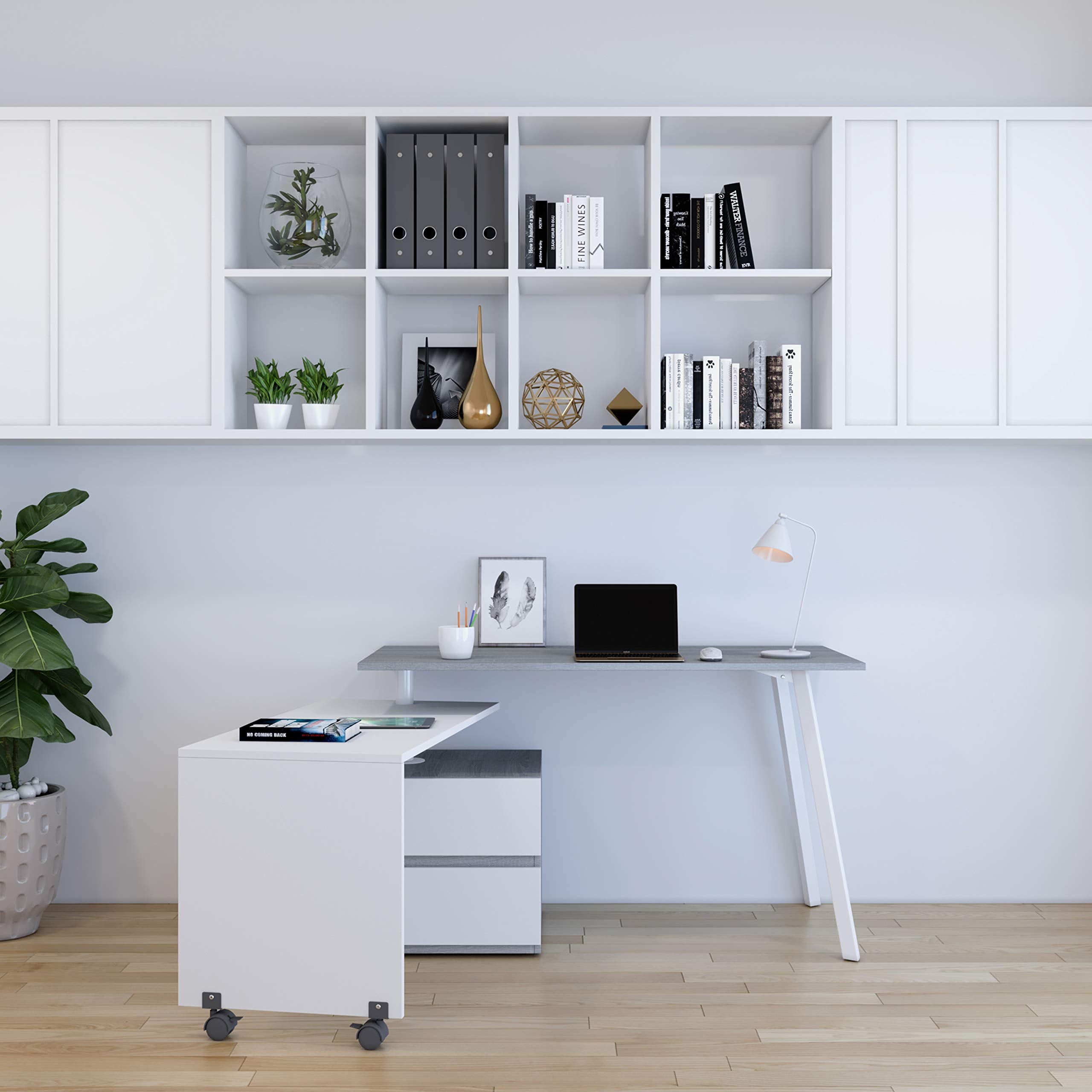 Adjustable L-Shaped Computer Desk With Rolling Tabletop For Multiple Configurations, Two-Drawer Cabinet, And Sturdy Steel Legs – Space-Saving, Ergonomic Design For Home Office Or Workspace, Grey