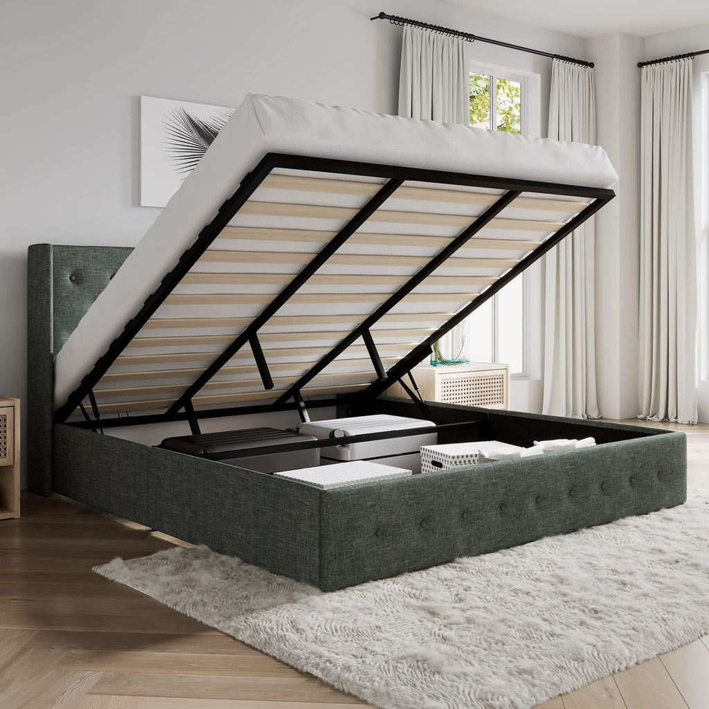 Sha Cerlin King Size Lift Up Storage Bed/Button Tufted Wingback Headboard/Hydraulic Storage/Upholstered Platform Bed Frame/No Box Spring Needed/Wood Slats Support/Dark Grey