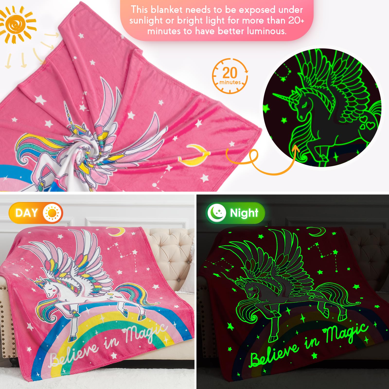 Unicorn Gifts Toys For Kids Girls - Glow In The Dark Blanket Age 1-13 Years Old Birthday Christmas Valentine'S Gift Easter Presents Toddler Teen Daughter Grandkids Rainbow Moon Stars Throw 50'X60'