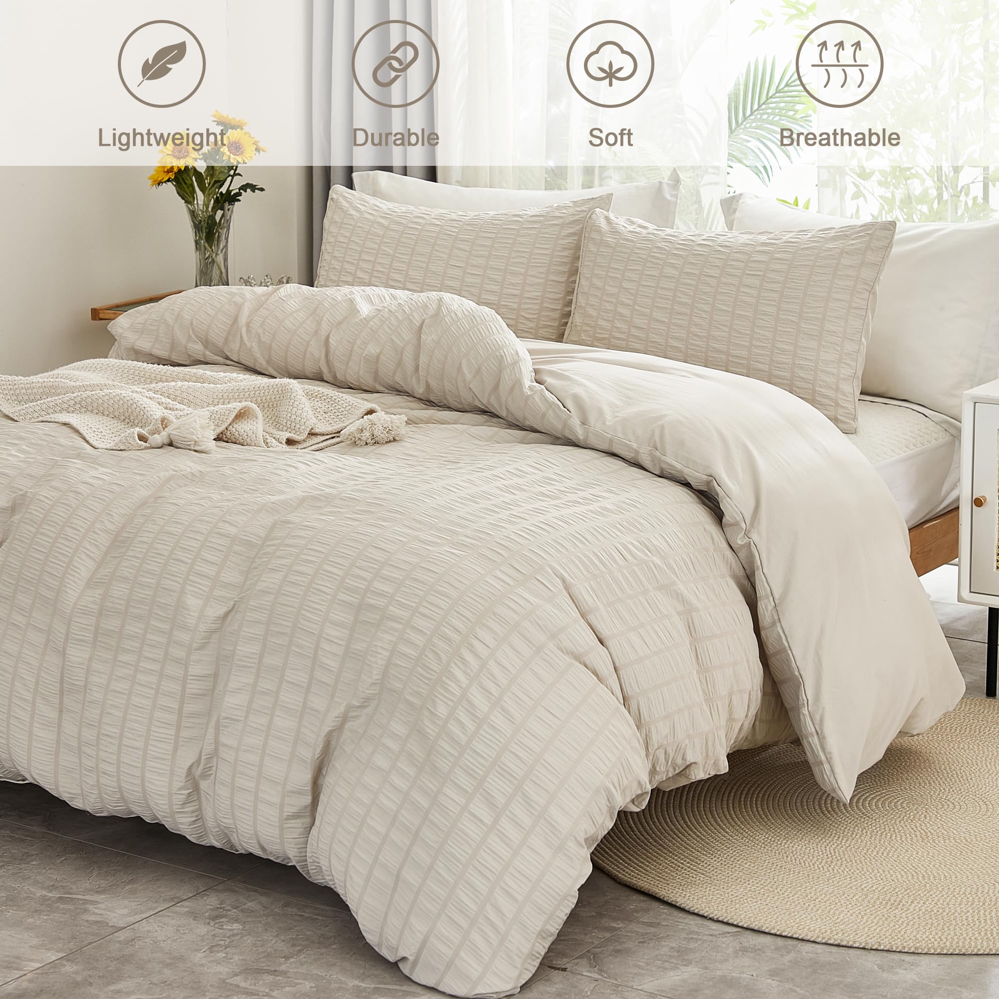 Avelom Beige Seersucker Duvet Cover Set Queen Size (90 X 90 Inches), 3 Pieces (1 Duvet Cover + 2 Pillow Cases), Ultra Soft Washed Microfiber, Textured Duvet Cover With Zipper Closure, Corner Ties