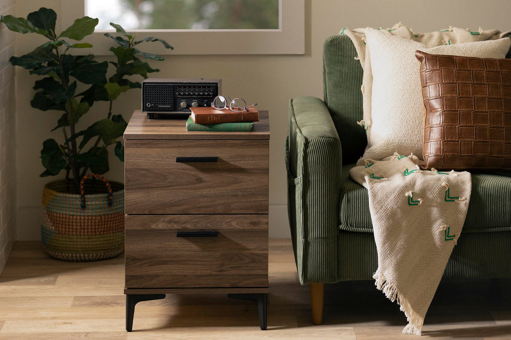 South Shore Slendel 2-Drawer Side Table with Metal Legs, Natural Walnut