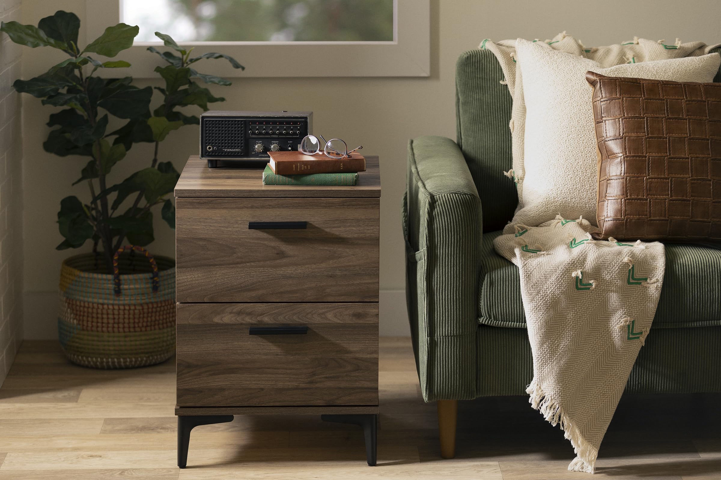 South Shore Slendel 2-Drawer Side Table with Metal Legs, Natural Walnut