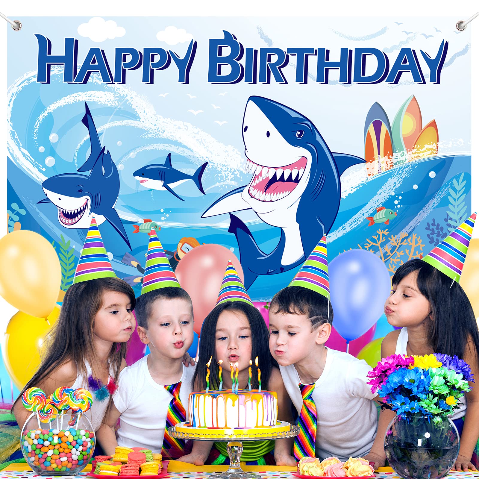 launuo Shark Birthday Backdrop Banner Blue 71 x 43 Inches
