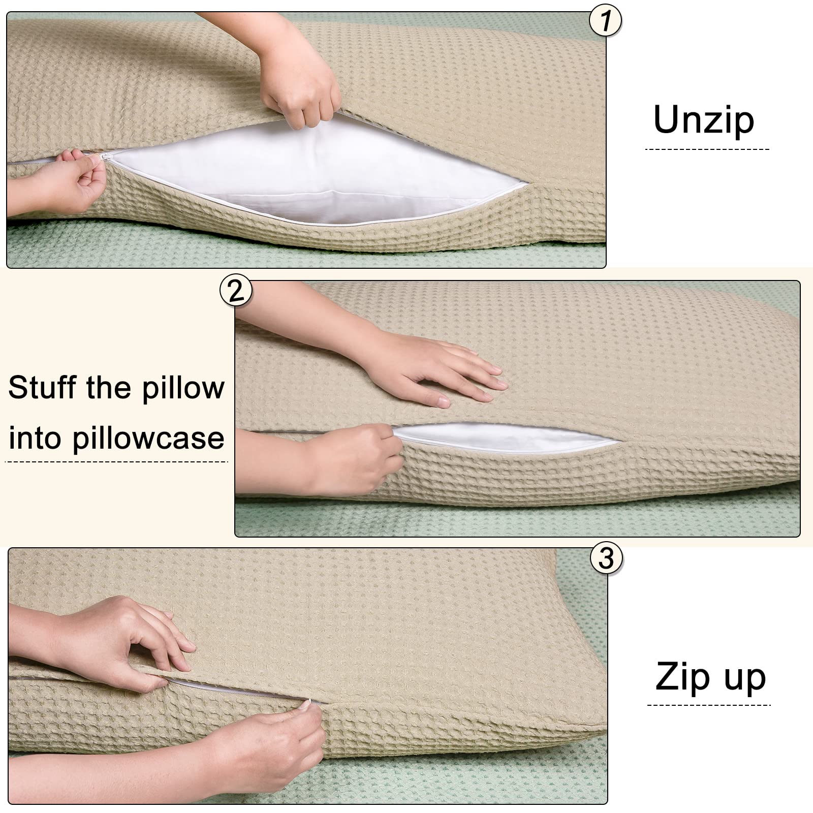 Phf Ultra Soft Waffle Weave Body Pillowcase 20' X 54', No Insert, Breathable & Skin-Friendly Body Pillow Sham With Zipper, Decorative Waffle Weave Body Pillow Cover, Khaki