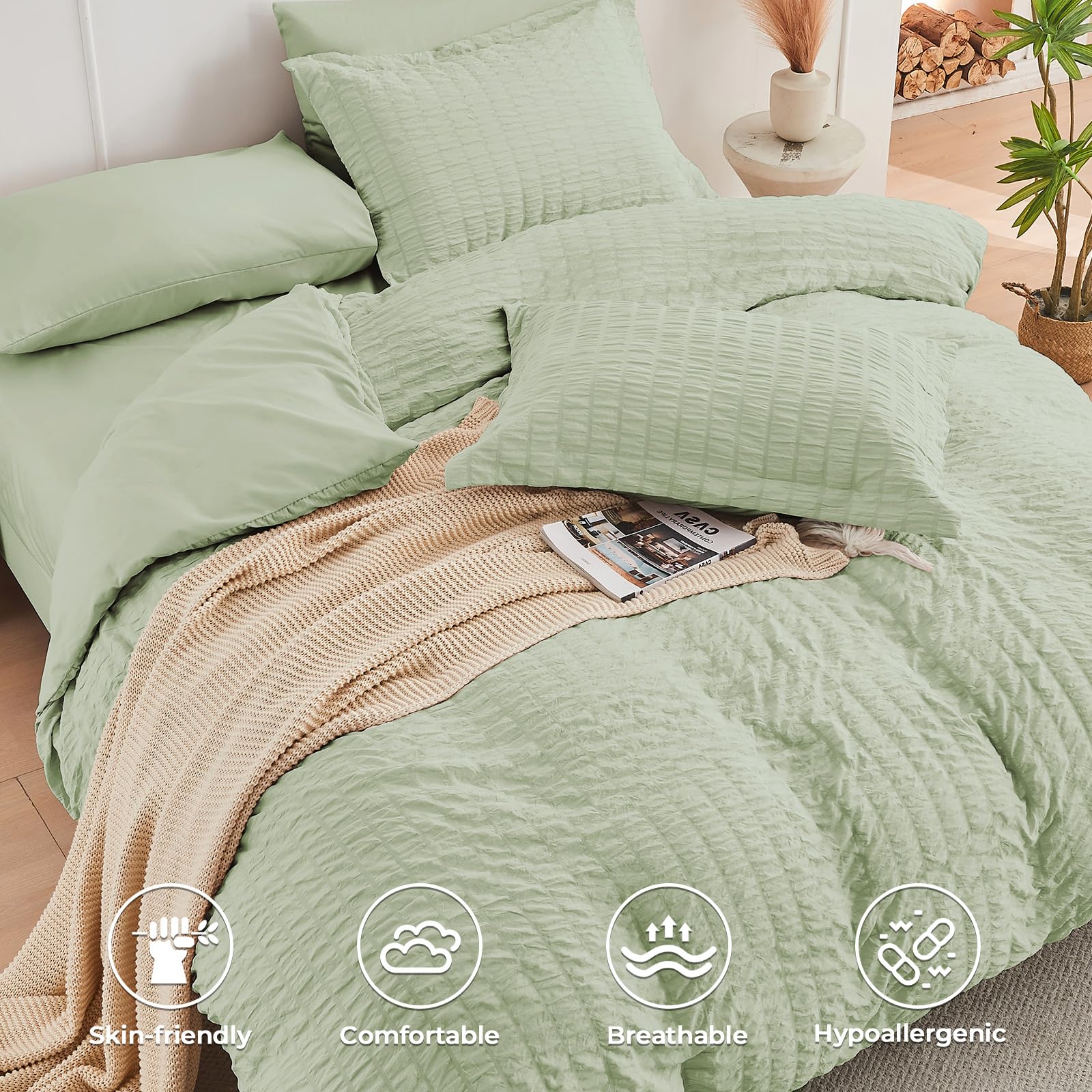 HYMOKEGE Queen Comforter Set Light Green Seersucker 7 Pieces Luxury Bedding Set