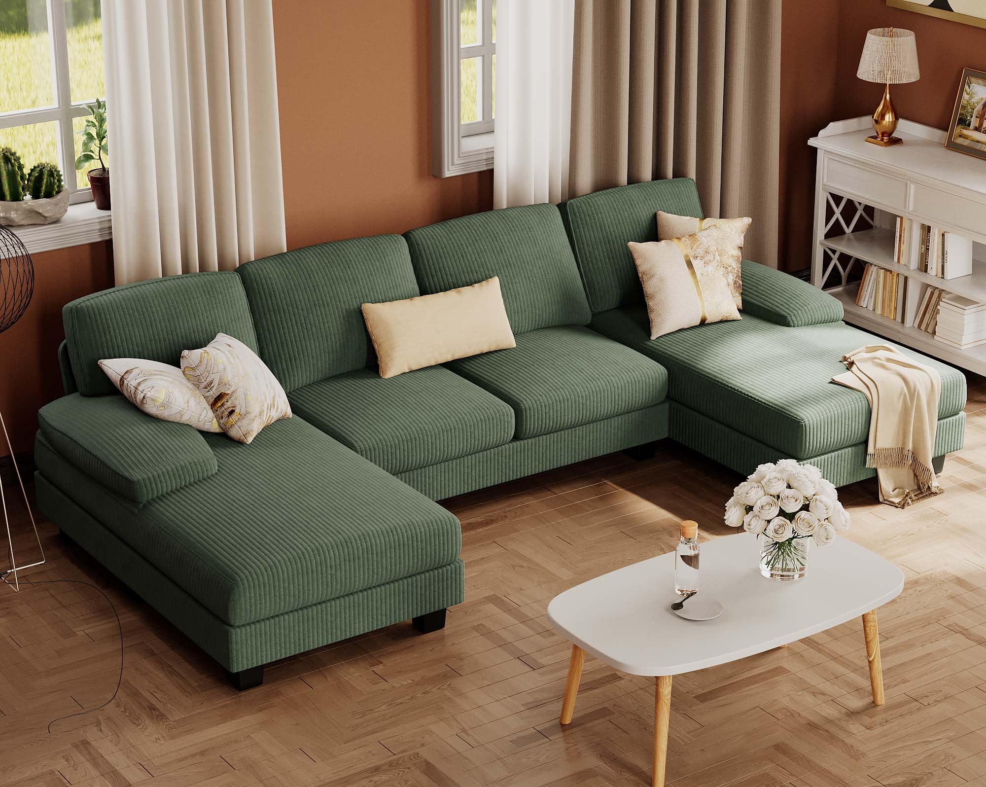Furmax Sectional Couches For Living Room, U-Shaped Sofa Couch With Linen Fabric, 4 Seat Sofa Set With Double Chaise For Apartment (Corduroy, Dark Green)