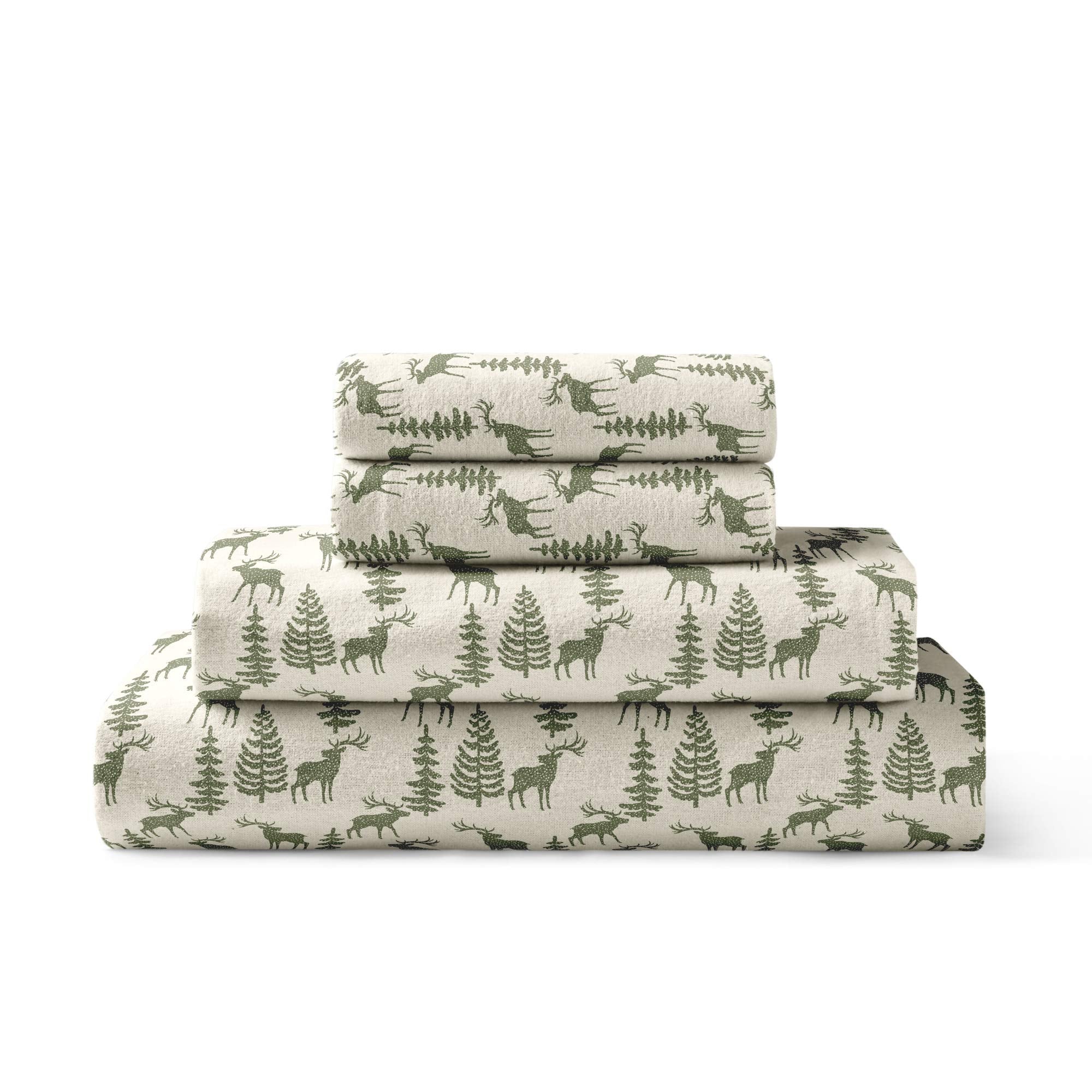 Brielle Home Flannel Sheet Set Cotton Soft Warm & Cozy Modern Chic With Elastic Deep Pockets, Full, Deer Ivory