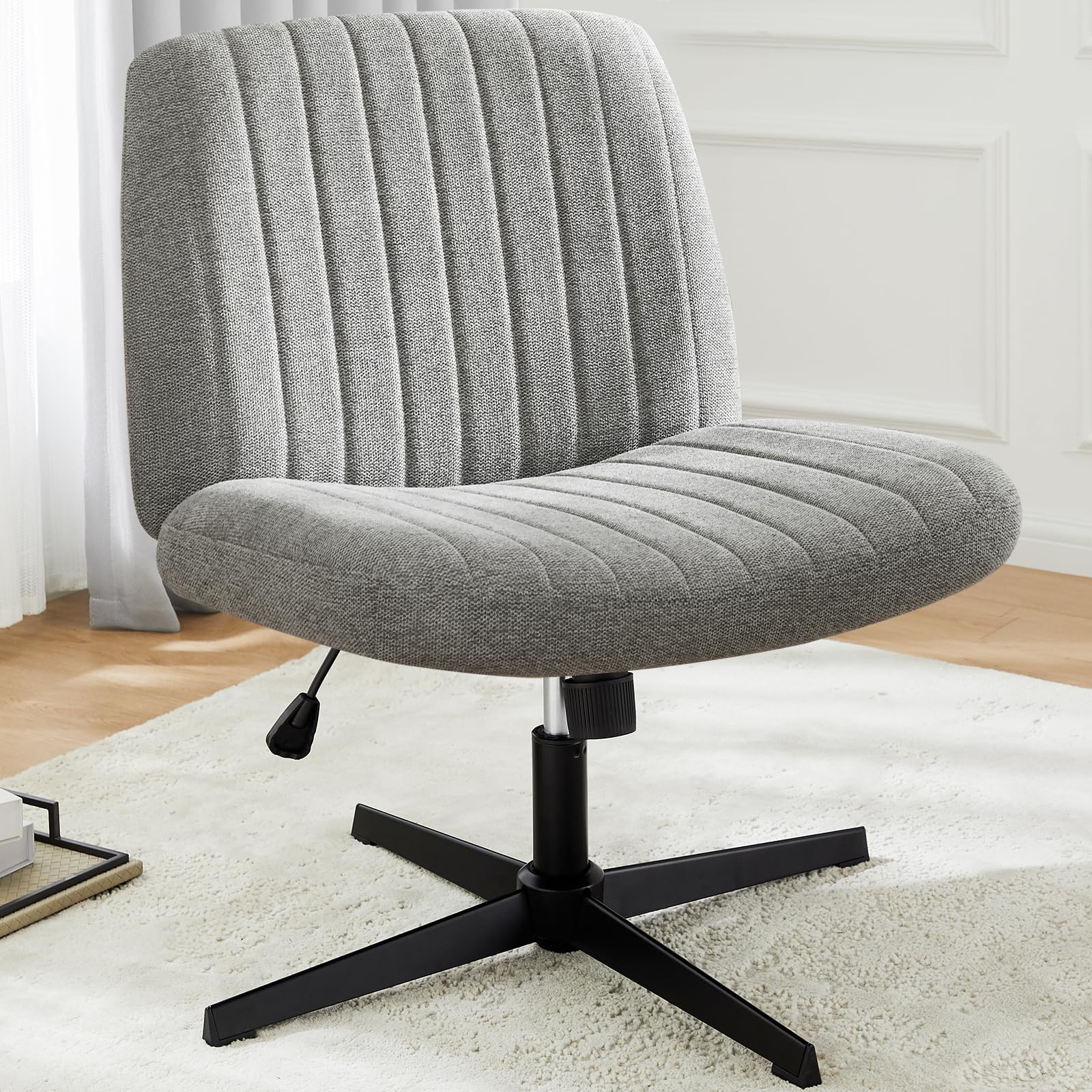 Dumos Criss Cross Legged Office Chair, Armless Wide Seat No Wheels, Modern Home Desk Seating Swivel Height Adjustable Fabric Vanity For Bedroom