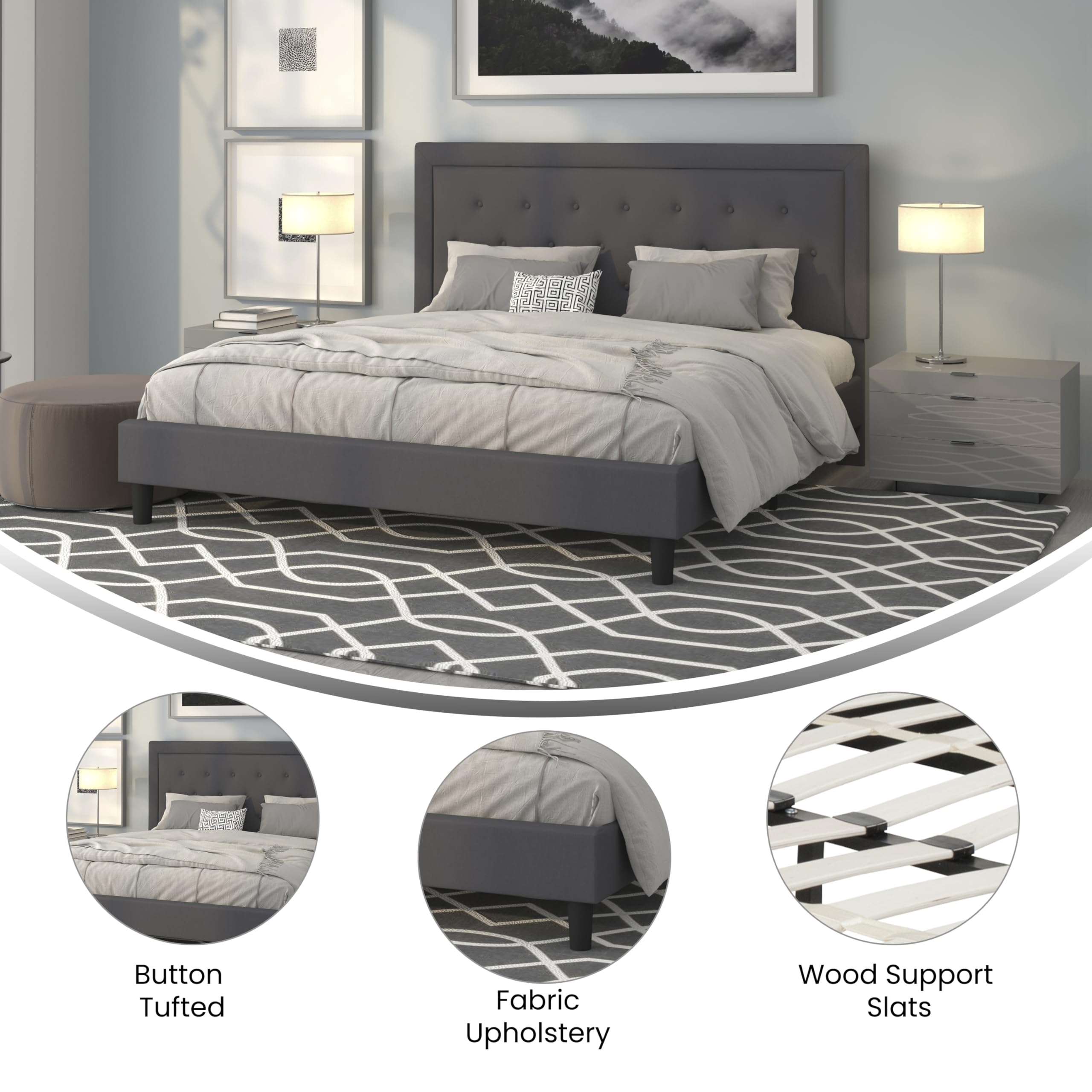 Flash Furniture Roxbury King Size Tufted Upholstered Platform Bed In Dark Gray Fabric