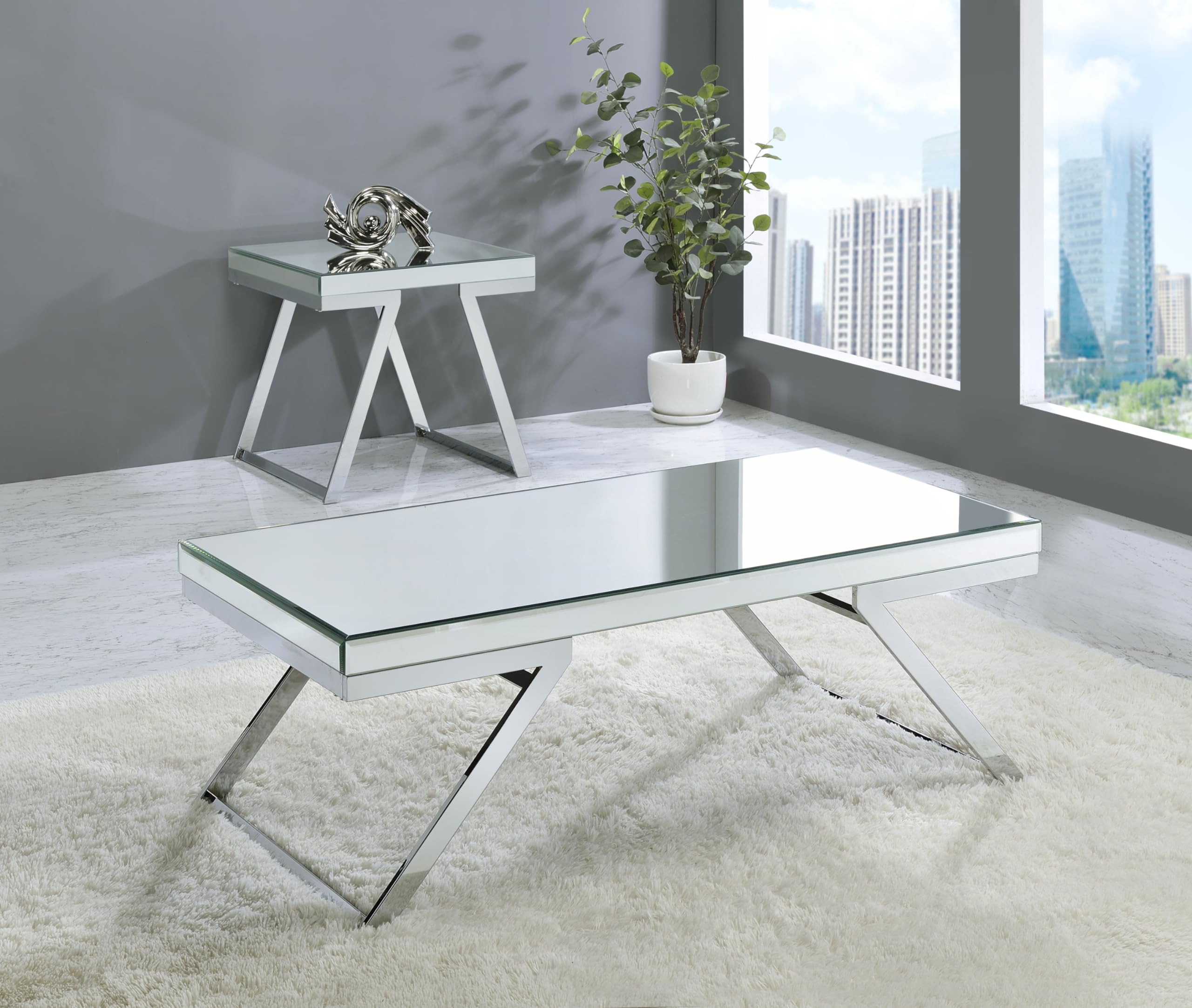 Steve Silver Furniture Alfresco End Table, Glamorous Chrome Plated Iron, Beveled Mirrored Top, Versatile as Nightstand, in Chrome, Contemporary Glam Styling, 22.75" D x 22.5" W x 22.5" H, Mirror