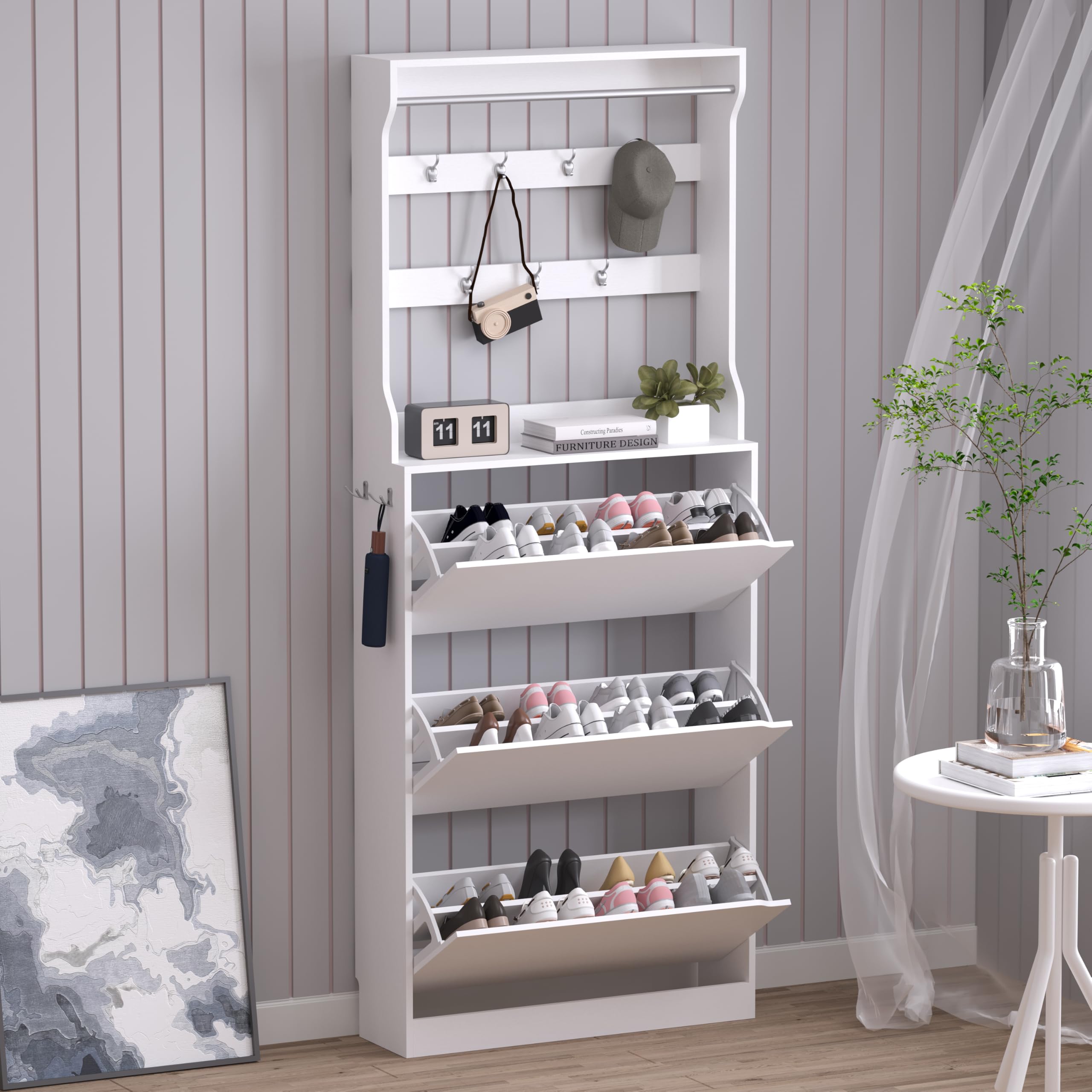 BORNOON Shoe Cabinet with 3 Flip Drawers & Coat Rack, Narrow Hidden Shoe Storage Cabinet, 2-in-1 Hall Tree Slim Freestanding Sho