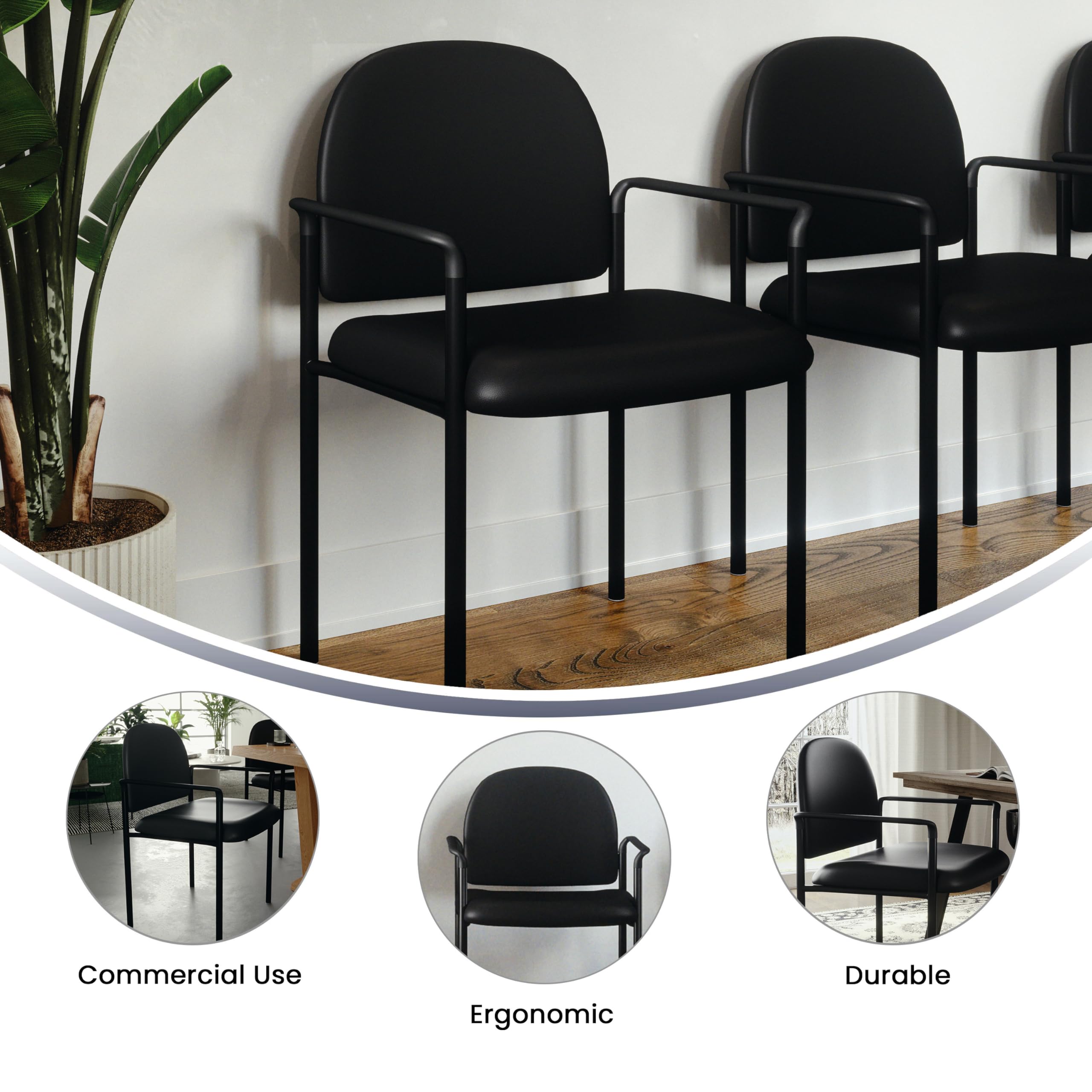 Flash Furniture Tiffany Side Reception Chair with Padded Armrests, Stackable Vinyl Waiting Room Chair for Commercial or Residential Use, Black