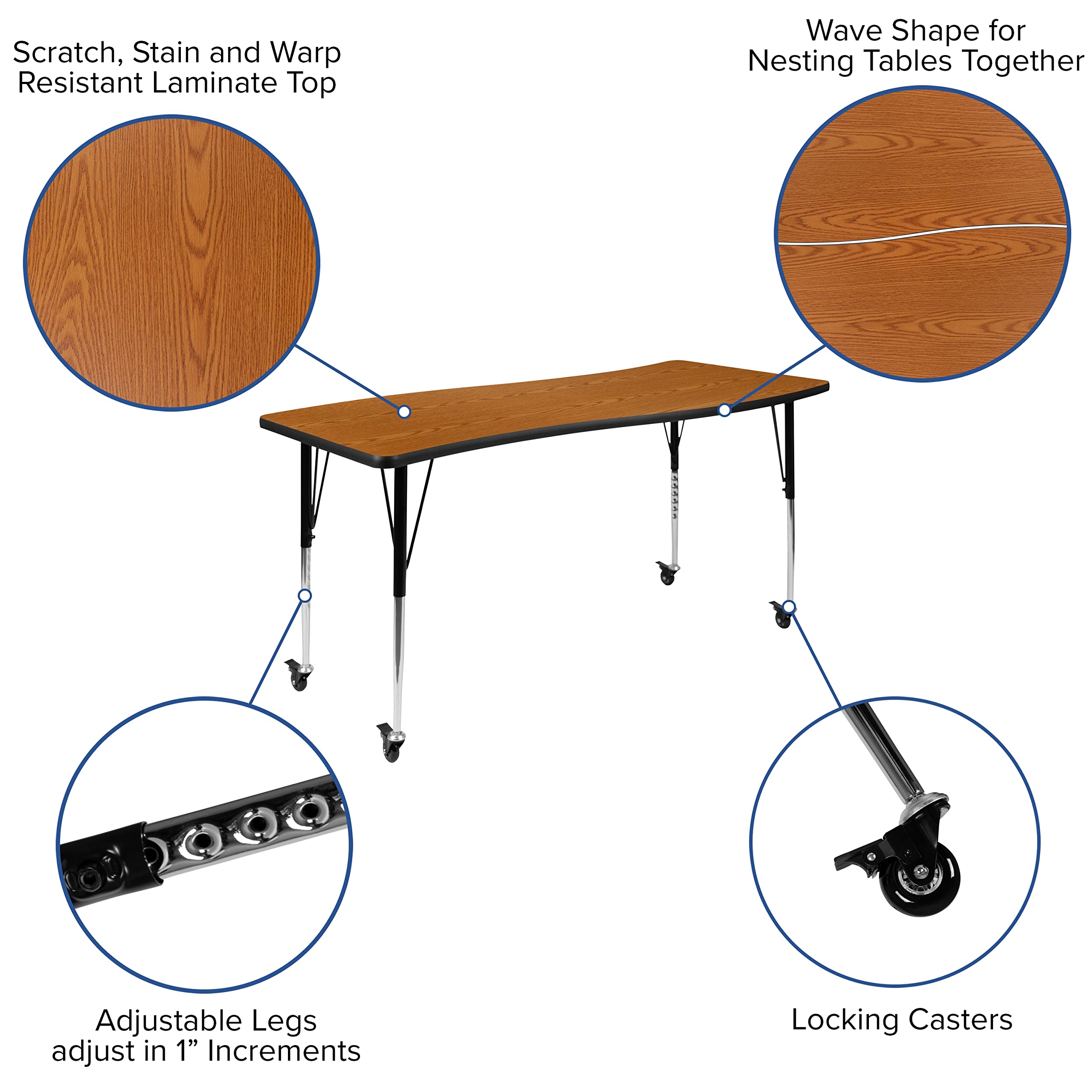 Flash Furniture Emmy 3 Piece Mobile 86" Oval Wave Flexible Oak Thermal Laminate Activity Table Set-Standard Height Adjustable Legs