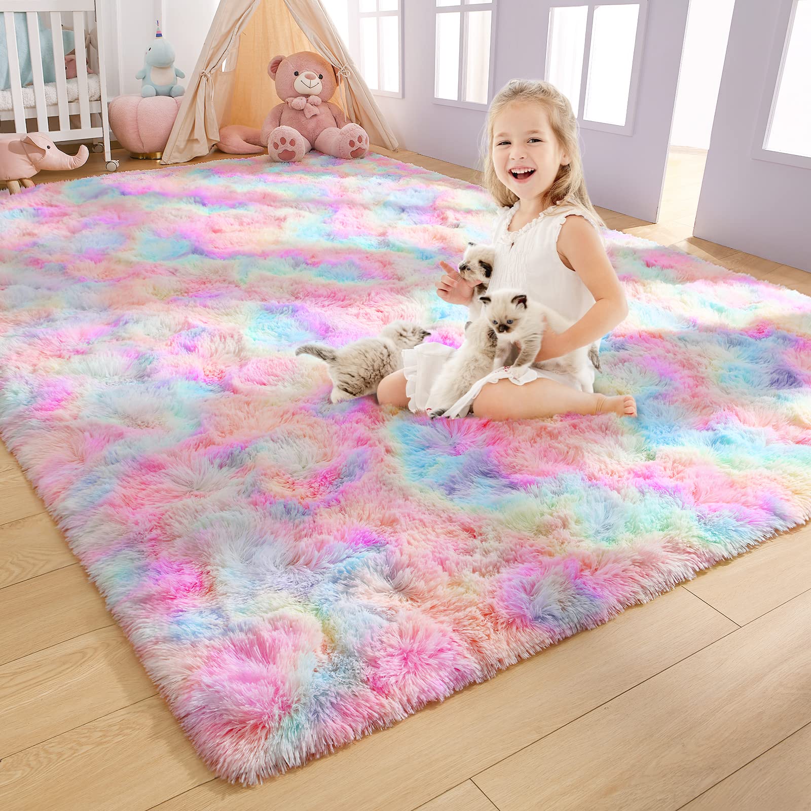 Arogan Soft Rainbow Area Rugs For Girls Room 3X5 Feet, Fluffy Girls Bedroom Rugs, Princess Rug, Cute Colorful Carpet For Kids Te