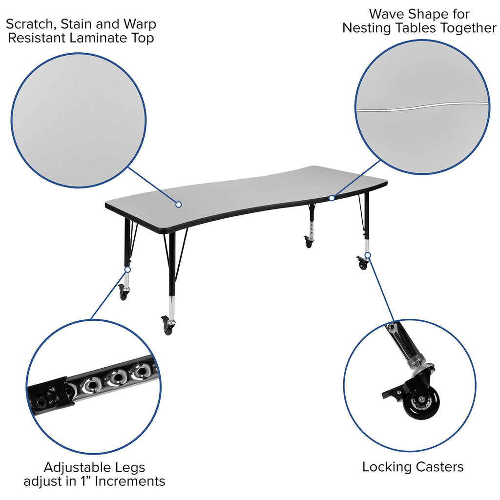 Flash Furniture Emmy Mobile 86" Oval Wave Flexible Laminate Activity Table Set with 12" Student Stack Chairs, Grey/Black