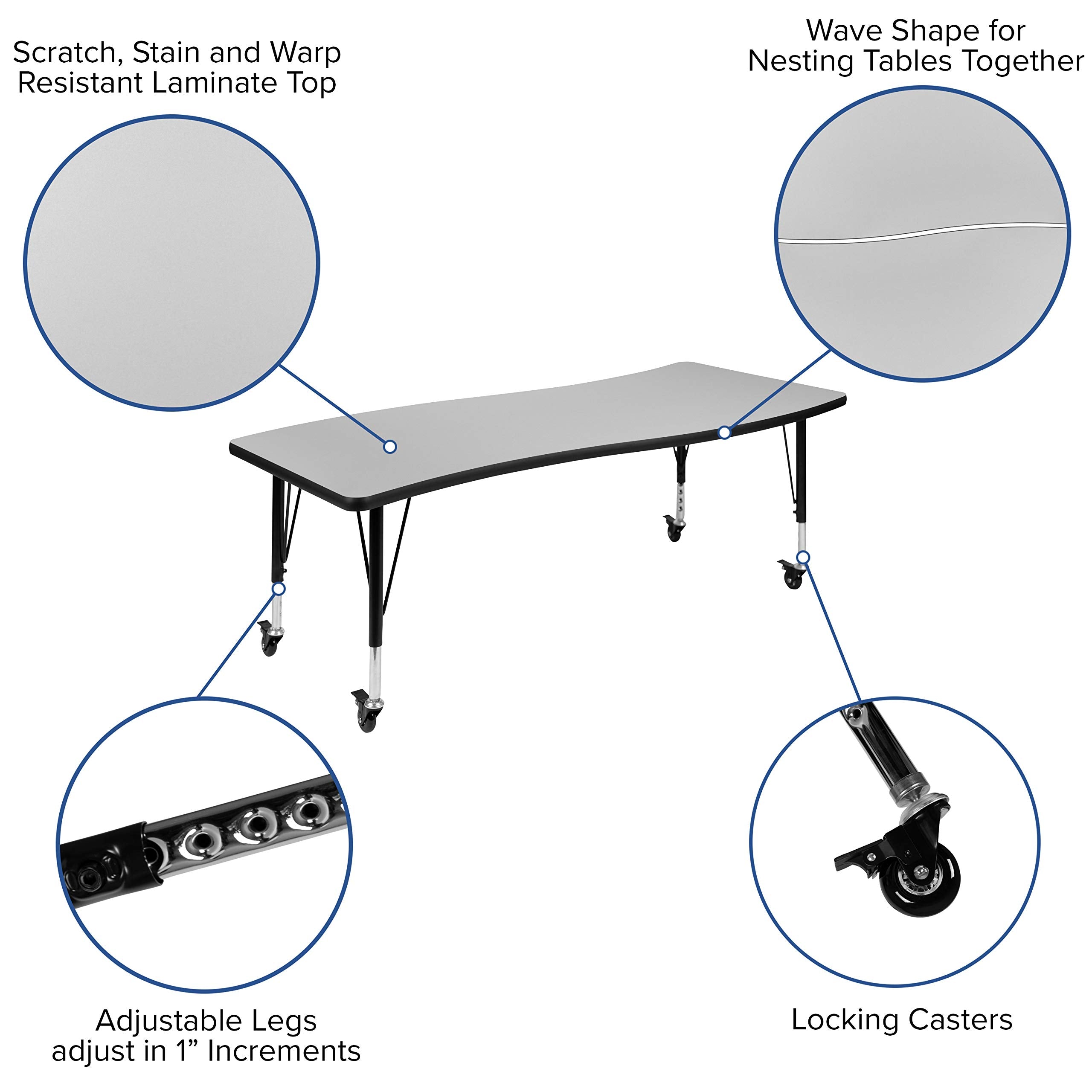 Flash Furniture Emmy Mobile 86" Oval Wave Flexible Laminate Activity Table Set with 12" Student Stack Chairs, Grey/Black