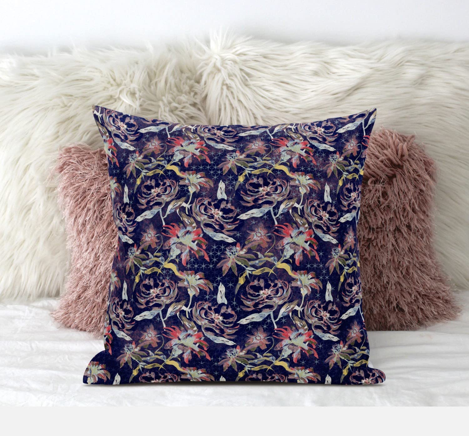 HomeRoots Red Blue Gold 20' Midnight Blue Roses Zippered Suede Throw Pillow