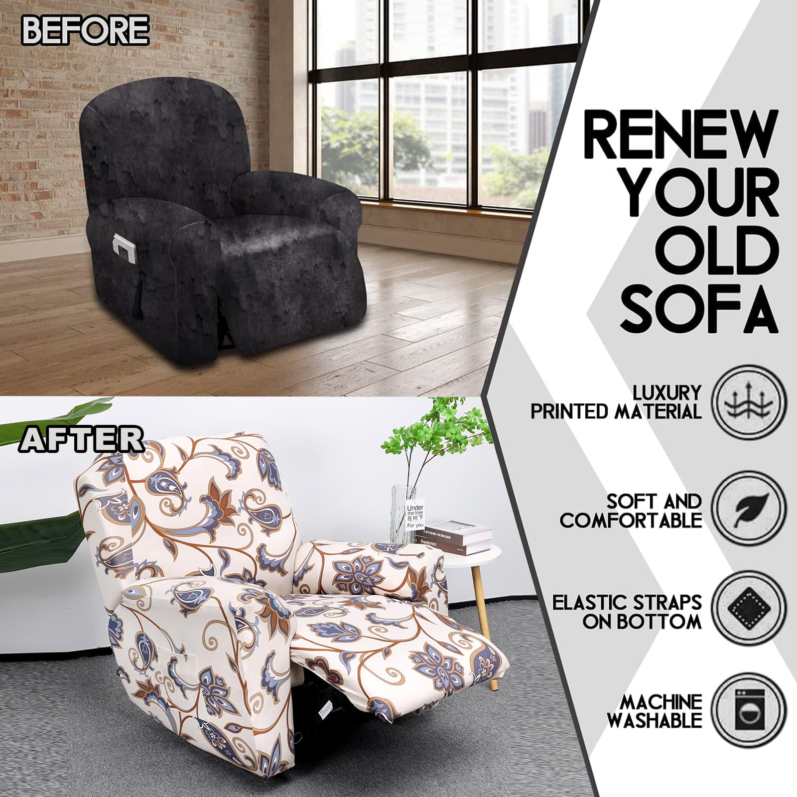 CRFATOP Recliner Slipcover Fallon Collection 4-Piece Printed Spandex Color A12