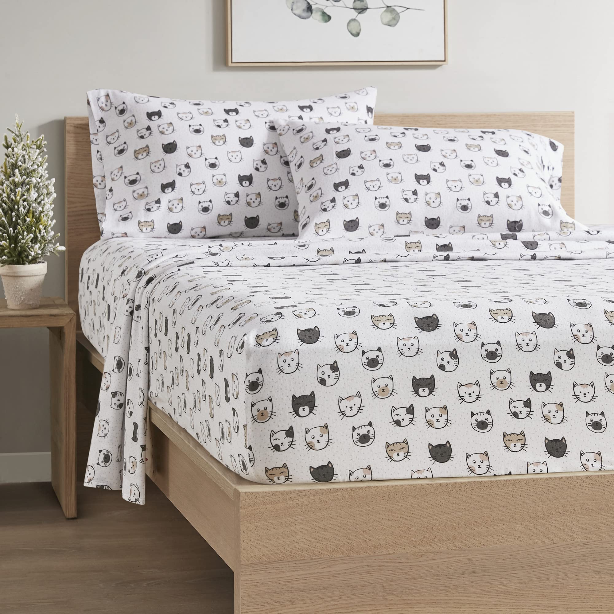 Comfort Spaces Cotton Flannel Deep Pocket Sheets, Full Size, Grey/Pink Cats, Model CS20-1415, Breathable and Warm Bedding Set