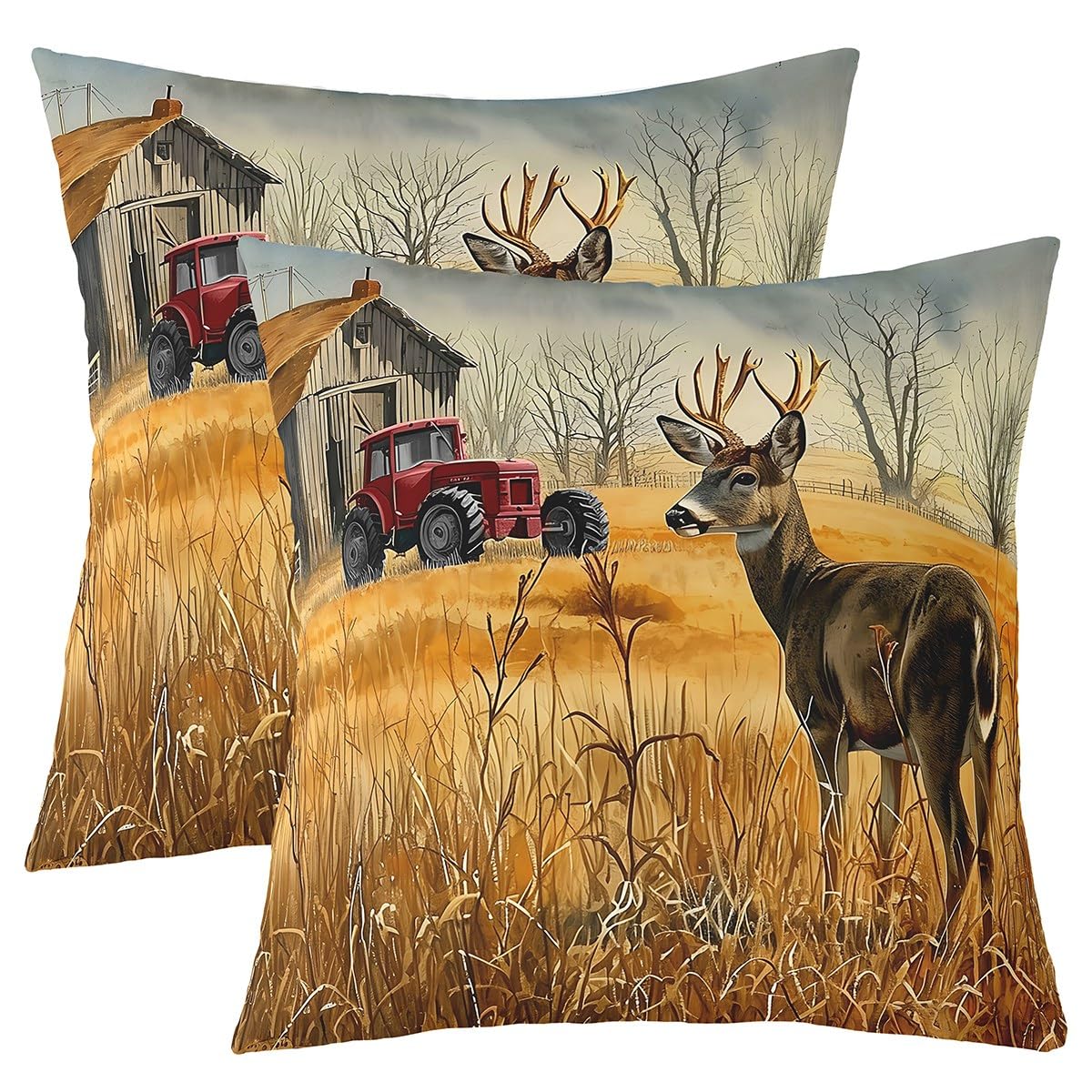 Cute Deer Pillow Cases Cushion Covers Deer Hunting Throw Pillow Covers 16x16 Set of 2 Soft for Kids Room Decor Tractor Decorativ