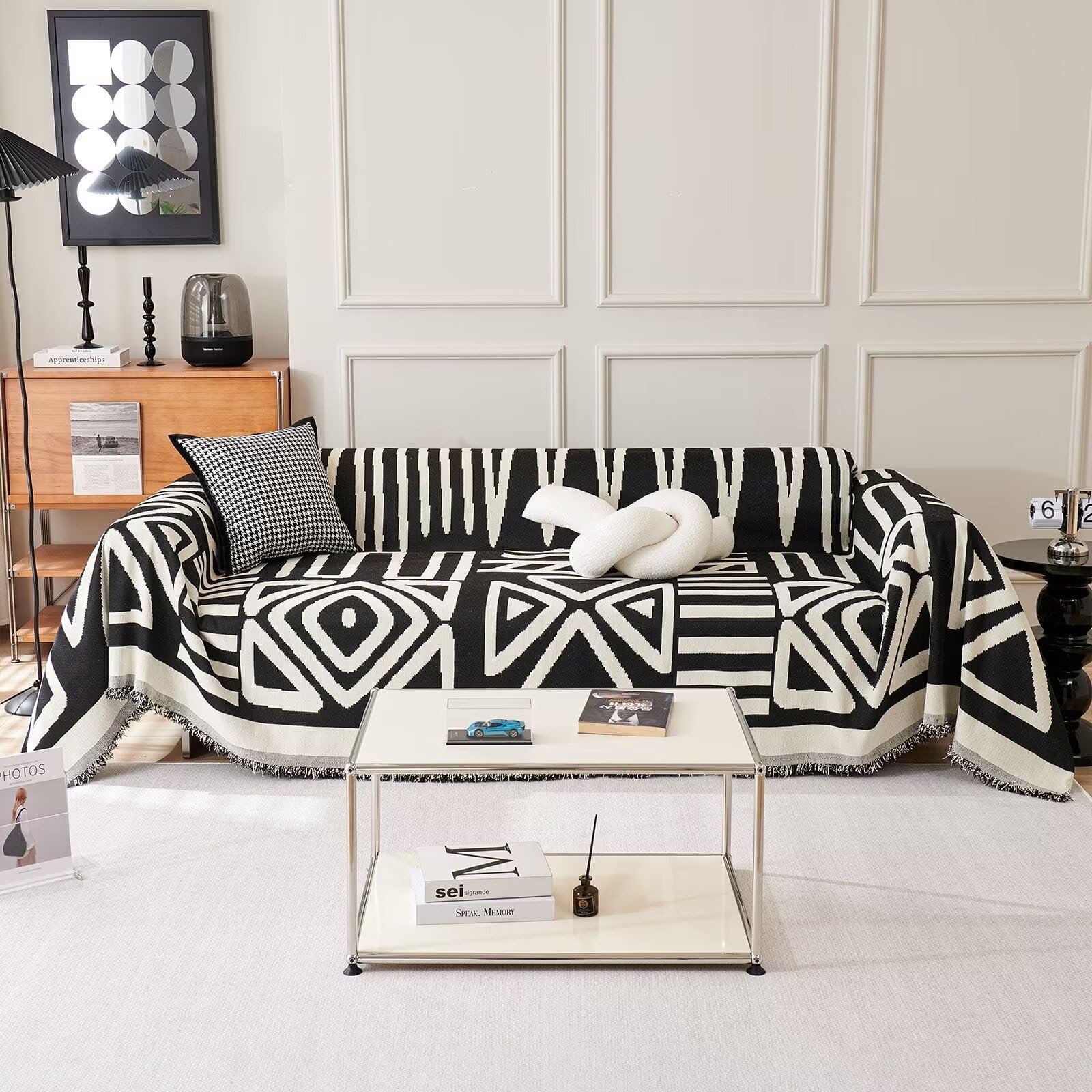 Vclife Boho Couch Cover Modern White Black Triangle Plaid Sectional Sofa Cover For Dog Soft Chenille Couch Cover For 3 Cushion C