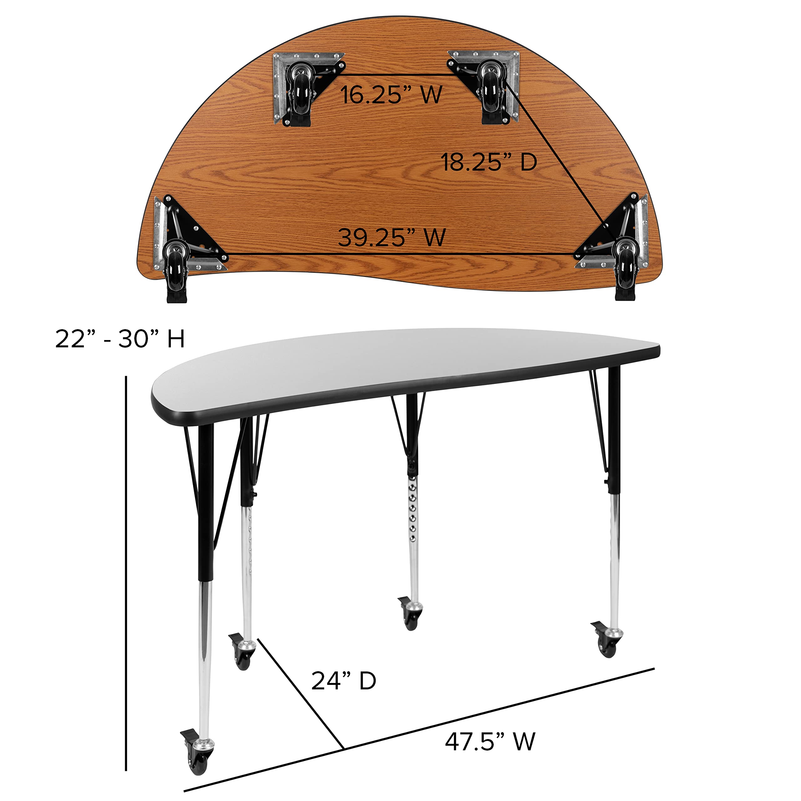 Flash Furniture Mobile 47.5" Half Circle Wave Collaborative Grey Thermal Laminate Activity Table - Standard Height Adjustable Legs
