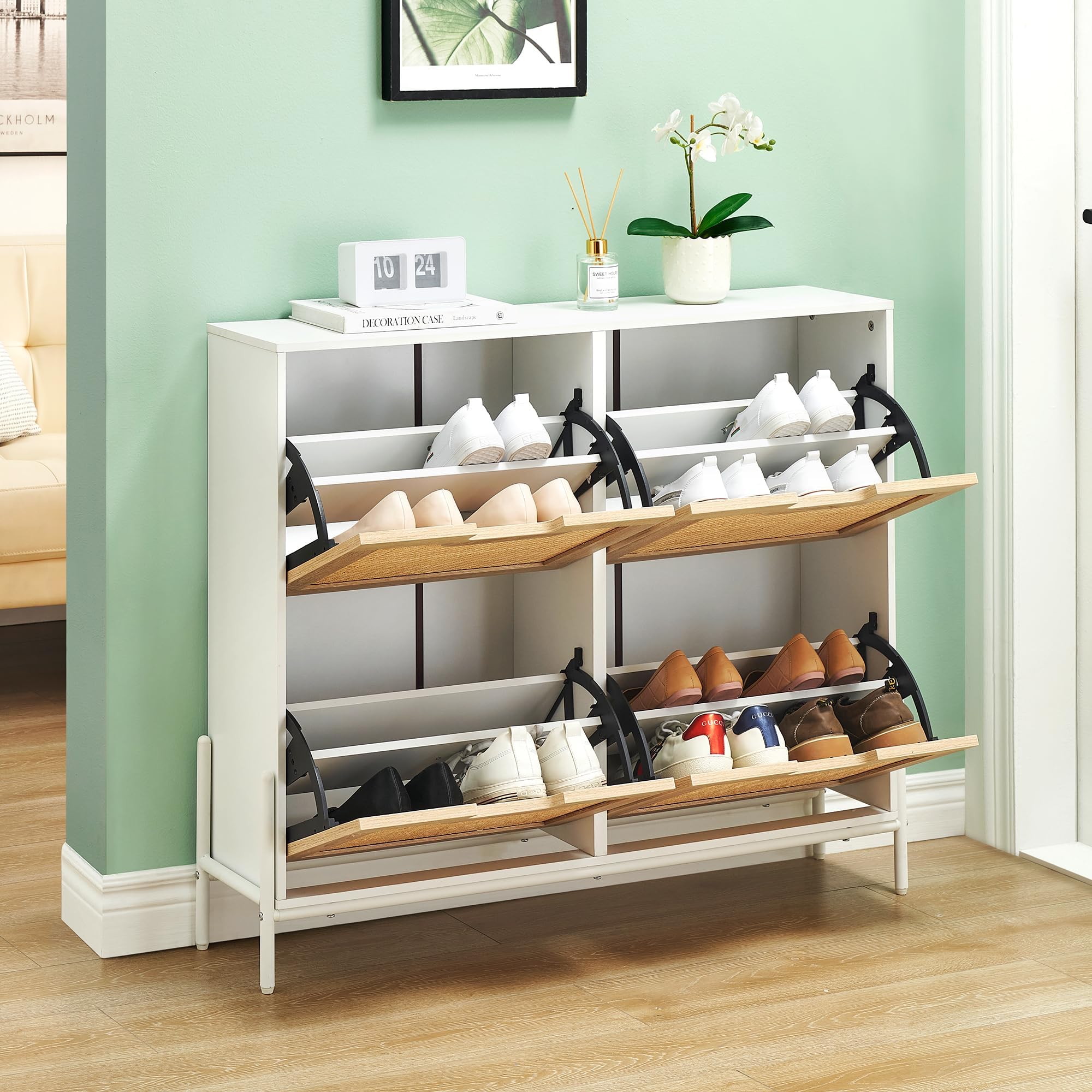 IDEALHOUSE Rattan Shoe Storage Cabinet with 4 Flip Drawers, Freestanding Shoe Organizer with Adjustable Shelves for Entryway, Na