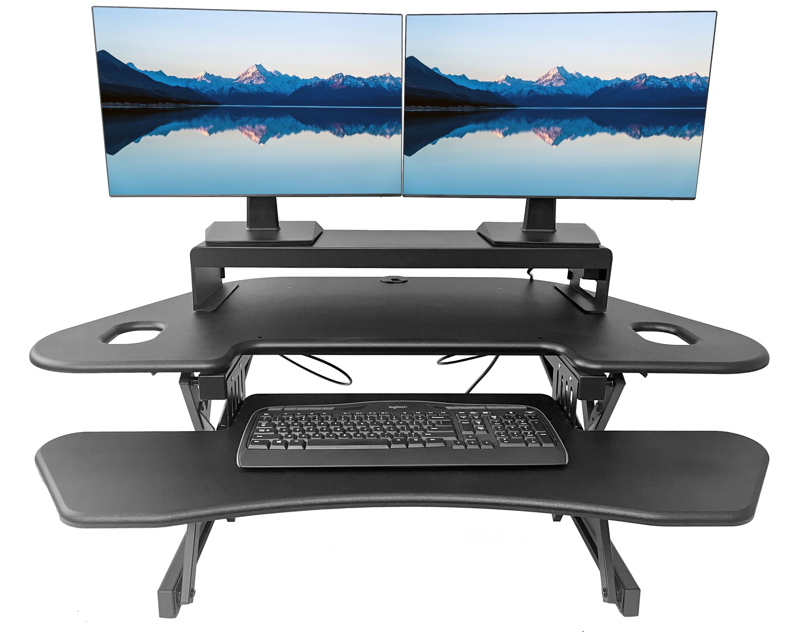 Rocelco 46" Height Adjustable Corner Standing Desk Converter with AC Outlet USB Charger and Dual Stand - Tabletop Computer Riser Workstation - Large Keyboard Tray - Black (R CADRB-46-ACUSB-DMS)