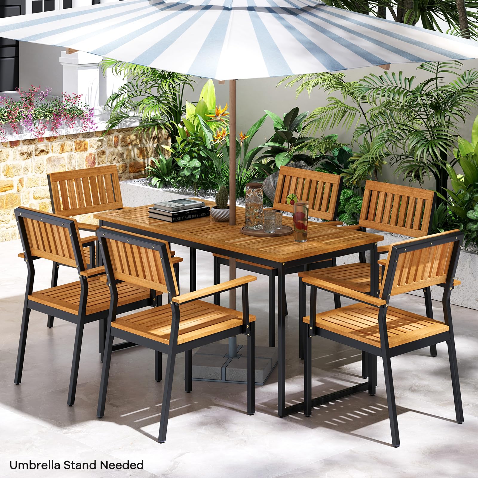 Tangkula 7 Piece Outdoor Dining Set for 6, Acacia Wood Rectangular Dining Table & 6 Armchairs w/Metal Frame, Umbrella Hole, Farm