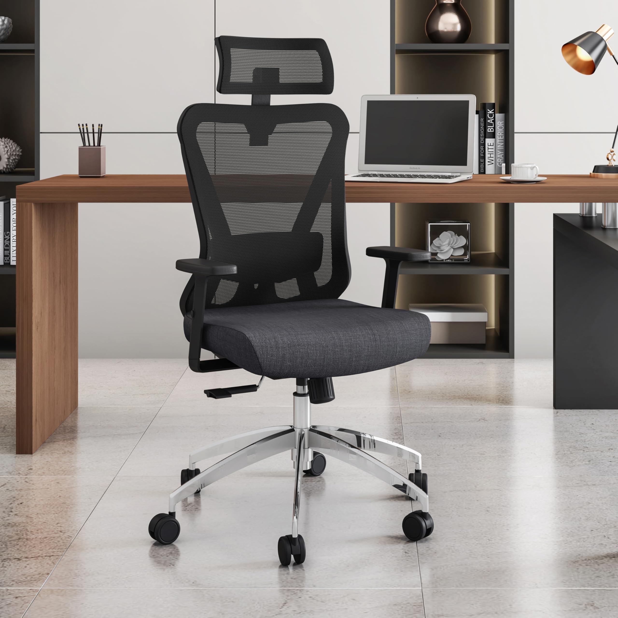 Techni Mobili Truly Ergonomic Office Chair with Lumbar Support & Adjustable Headrest – Breathable Mesh Office Chair with 5 Precision Adjustment Points, Black